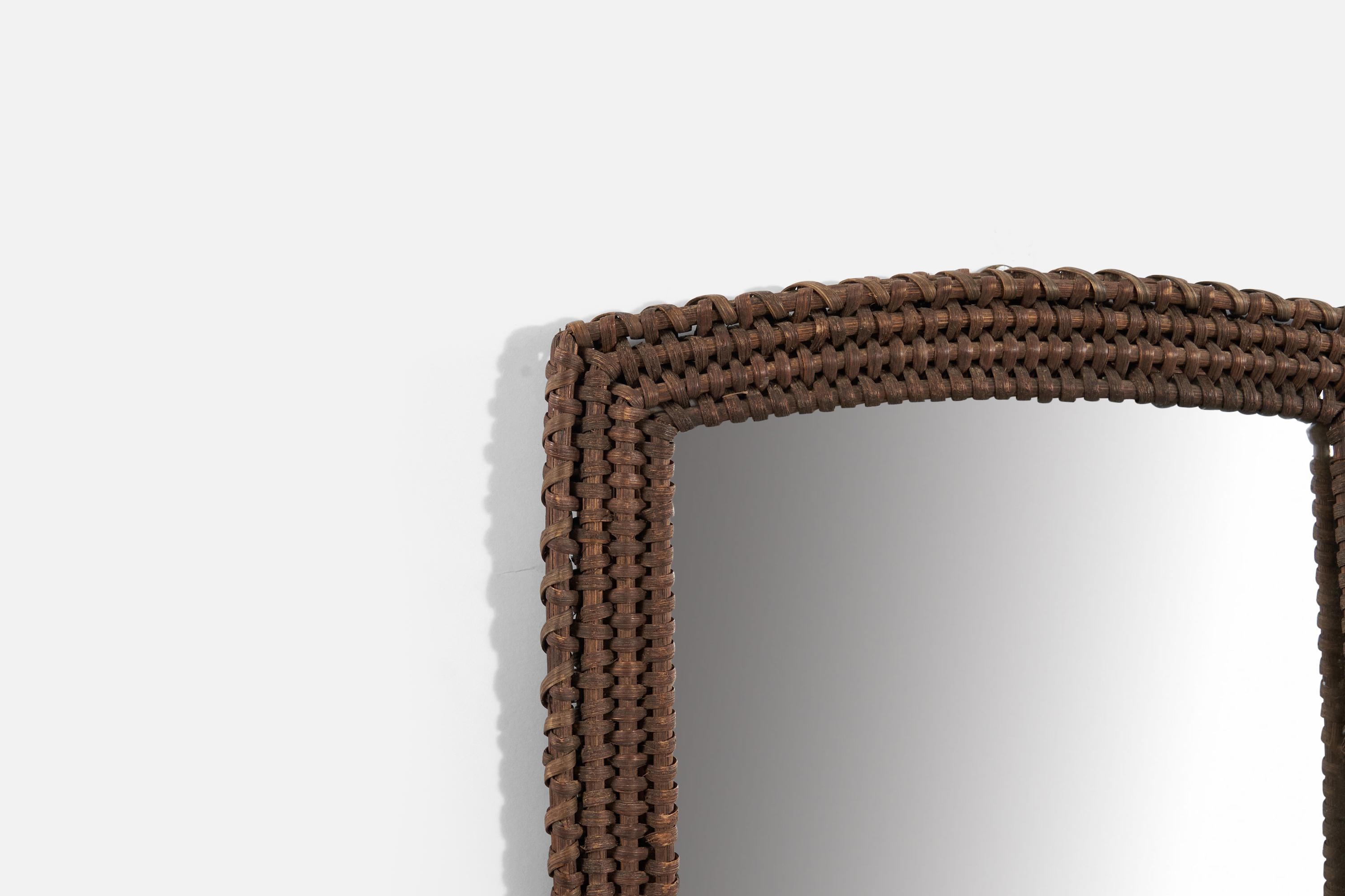 Mid-20th Century Italian Designer, Wall Mirror, Dark-Stained Rattan, Italy, 1950s For Sale