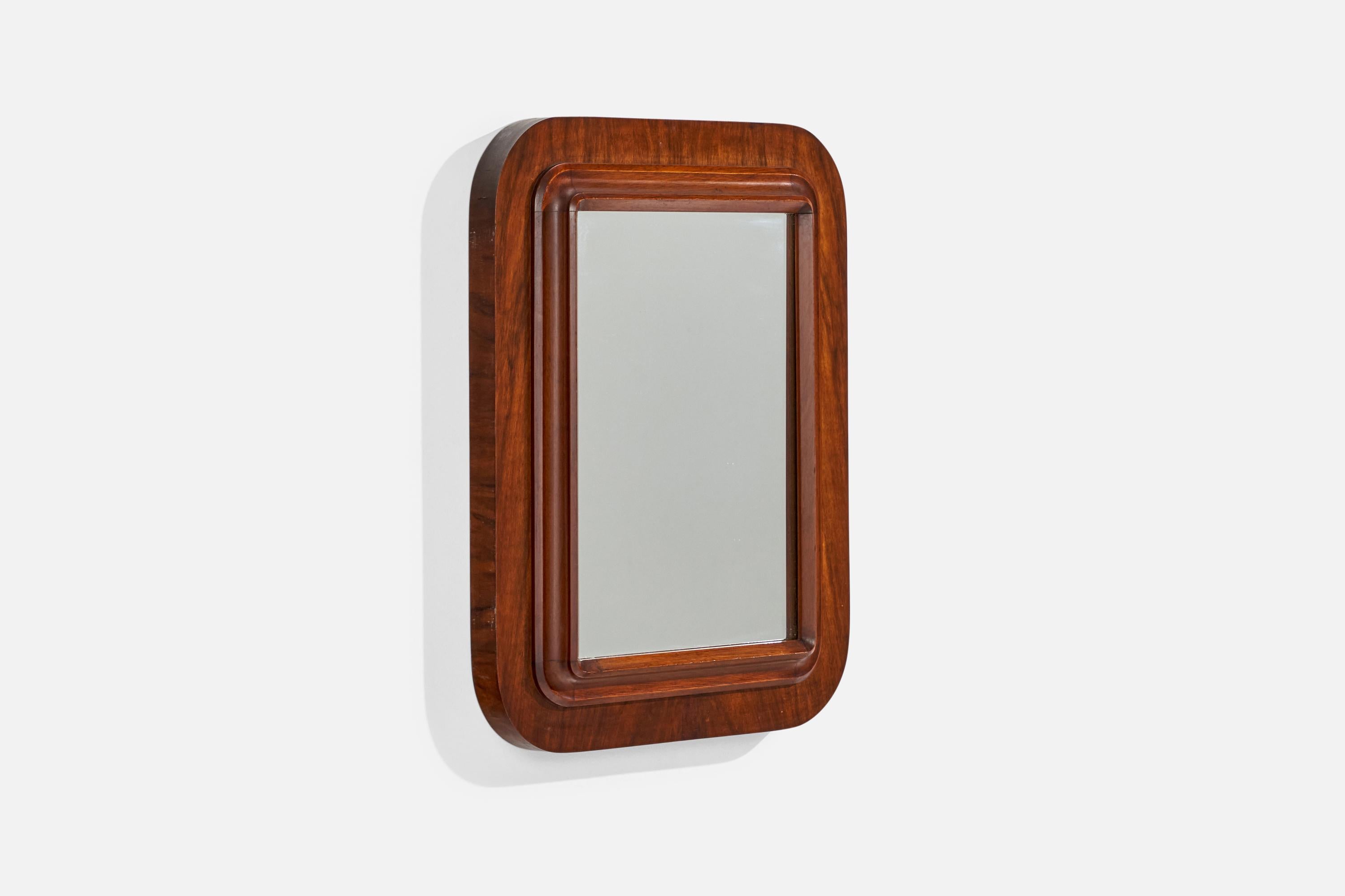 Mid-Century Modern Italian Designer, Wall Mirror, Dark-Stained Wood, Italy, 1940s For Sale