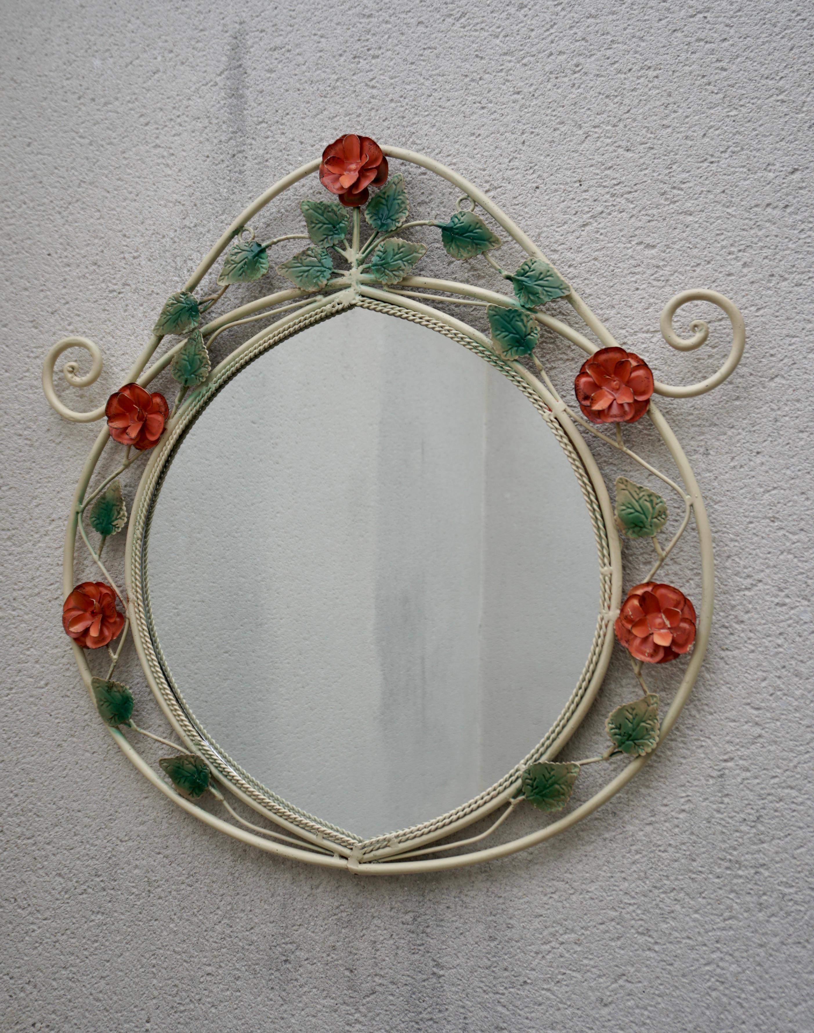 A white wall mirror with amber flowers and green leaves designed and produced by an Italian Designer, Italy, 1960s.