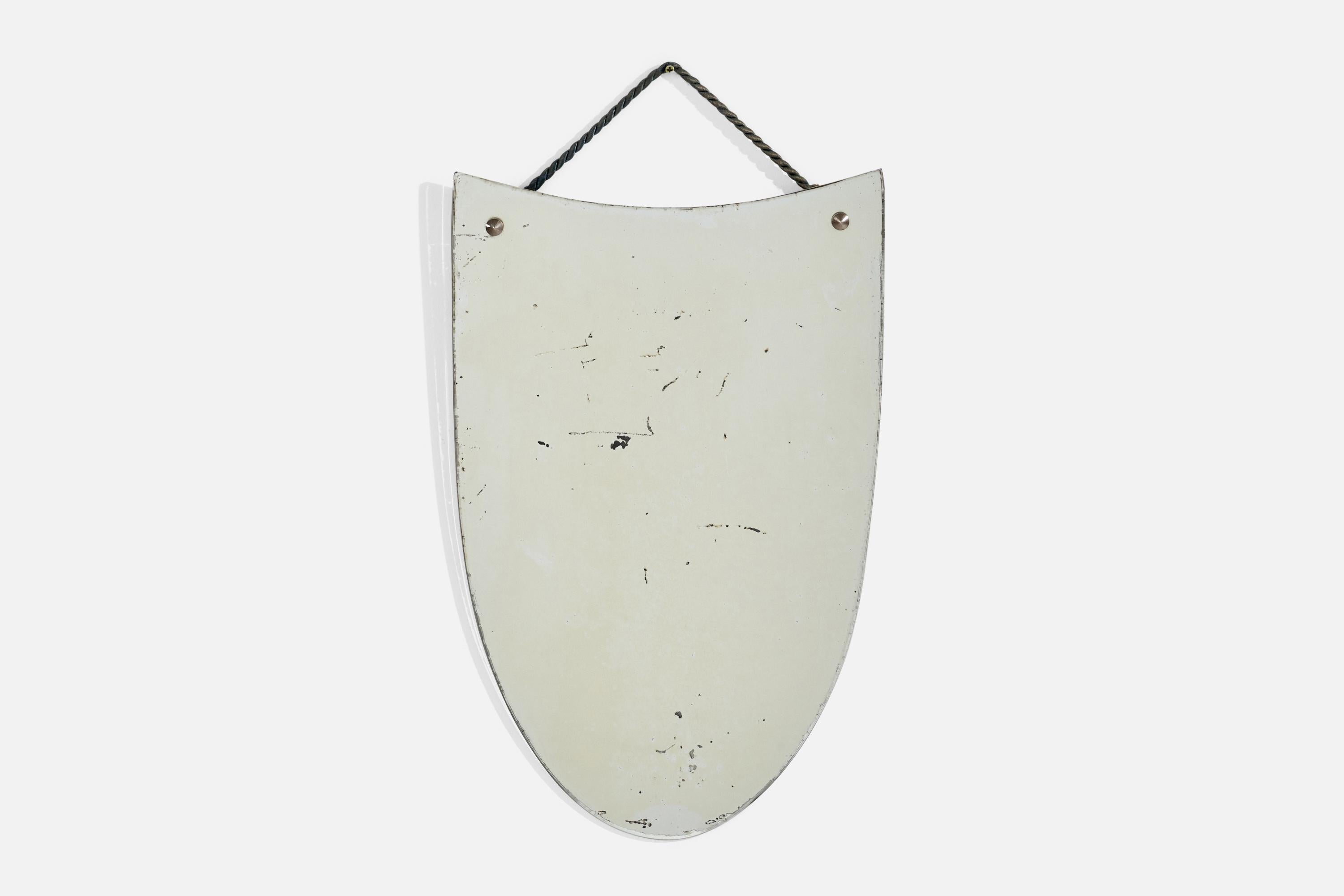 Italienischer Designer, Wandspiegel, Metall, Kordel, Spiegelglas, Italien, 1940er Jahre (Skandinavische Moderne) im Angebot