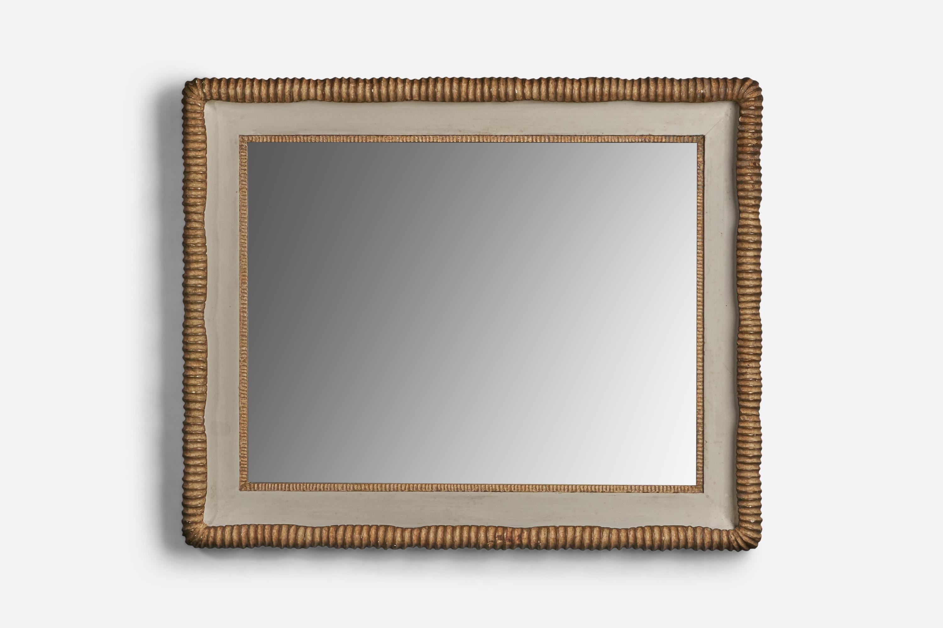 A white and brown-painted wood wall mirror designed and produced in Italy, c. 1940s.