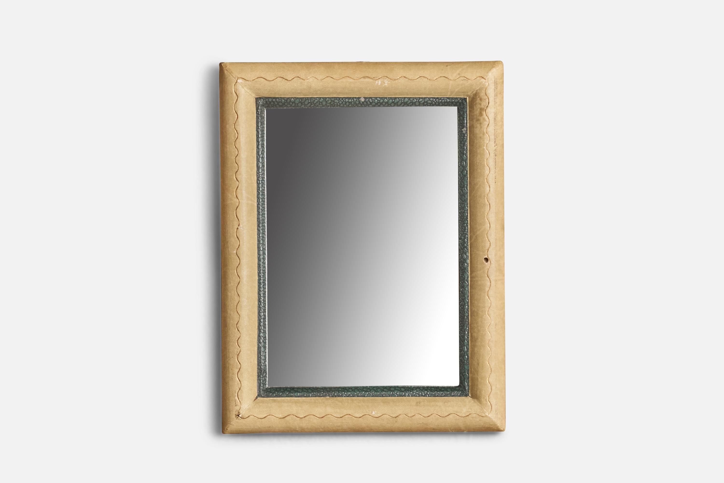 A beige and green parchment paper wall mirror designed and produced in Italy, 1940s.