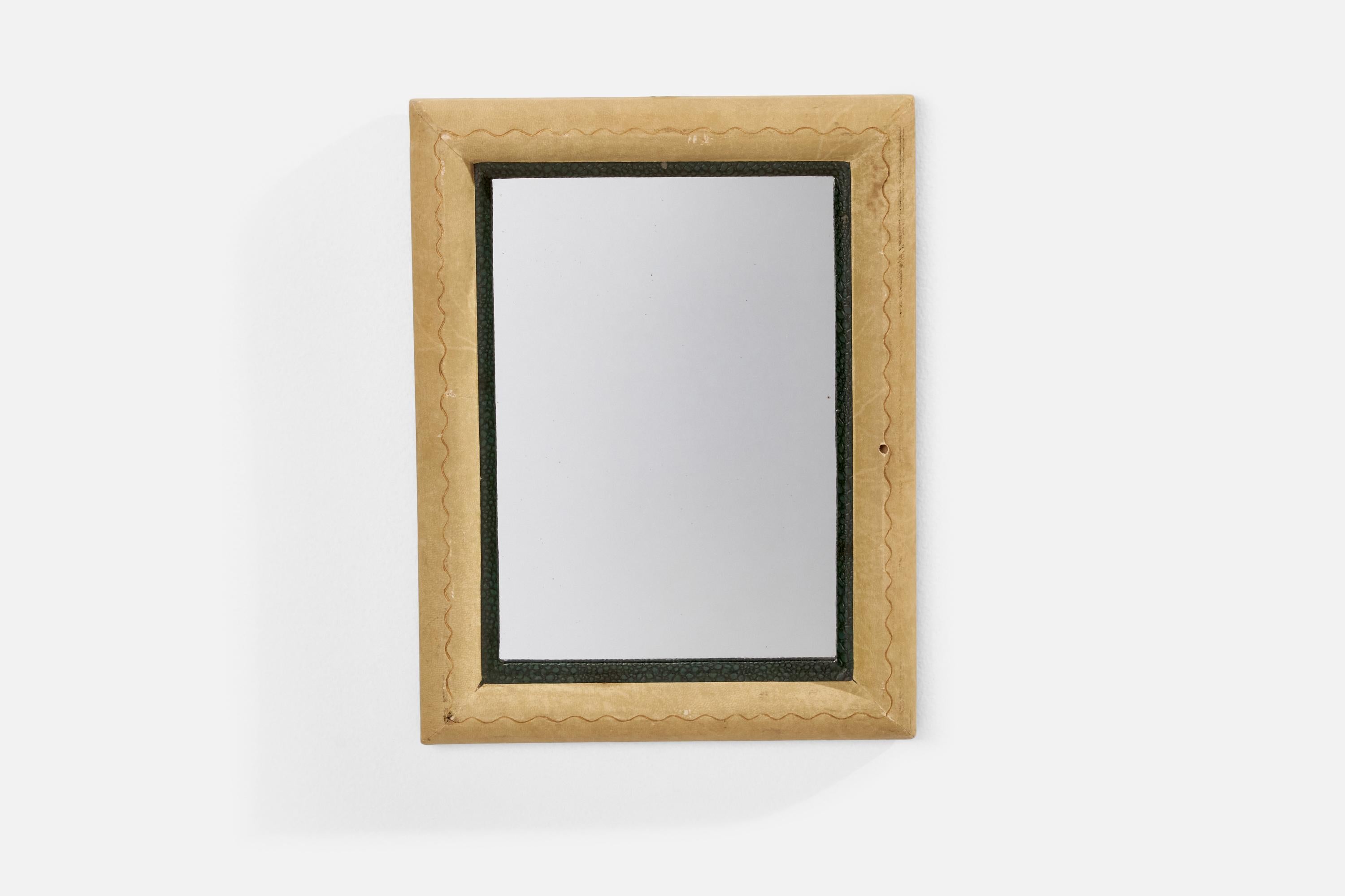 Espejo de pared de papel pergamino beige y verde, diseñado y fabricado en Italia, años 40.