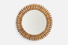 Italian Designer, Wall Mirror, Rattan, Bamboo, Italy, 1950s