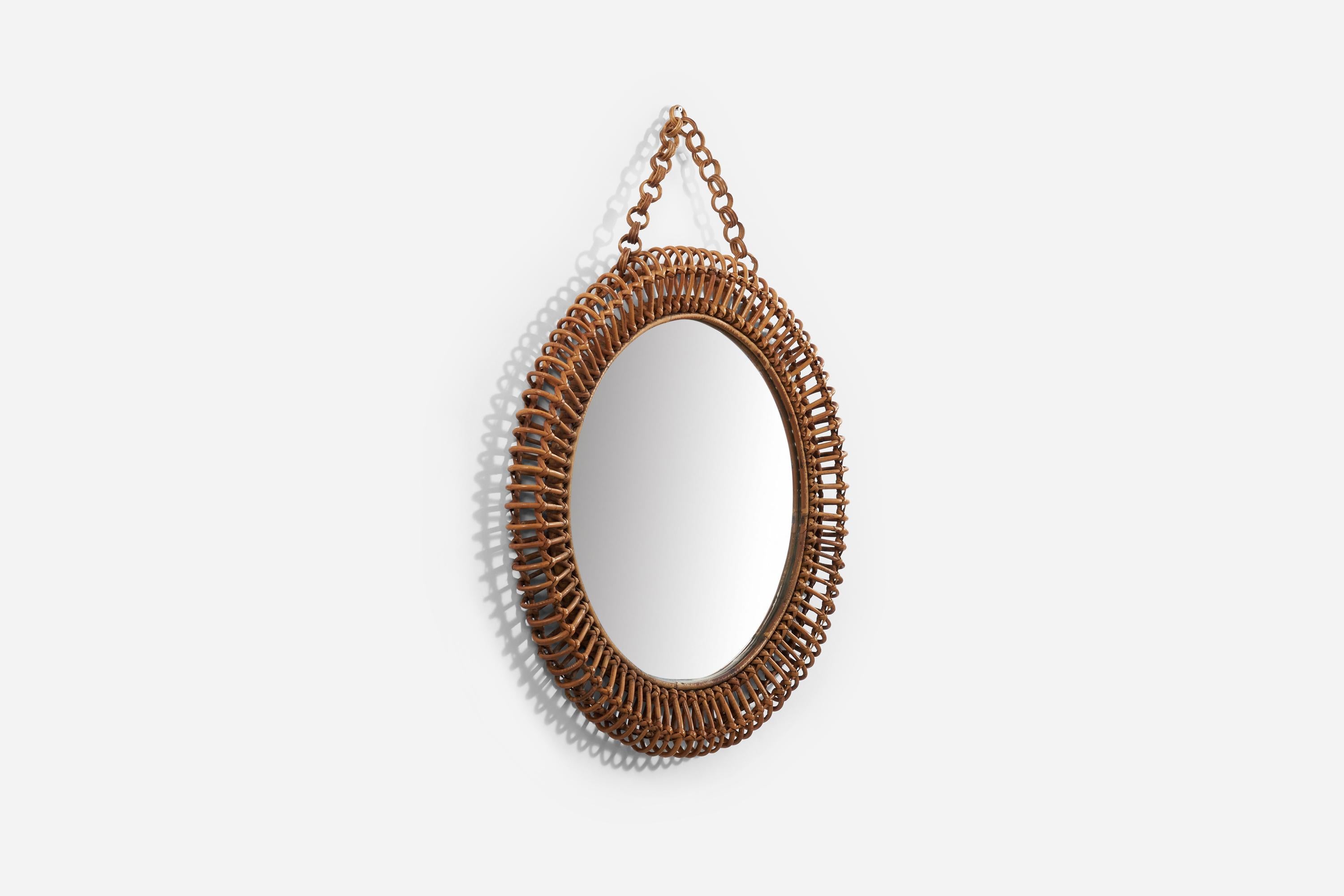 Mid-Century Modern Italian Designer, Wall Mirror, Rattan, Bamboo, Italy, 1950s For Sale