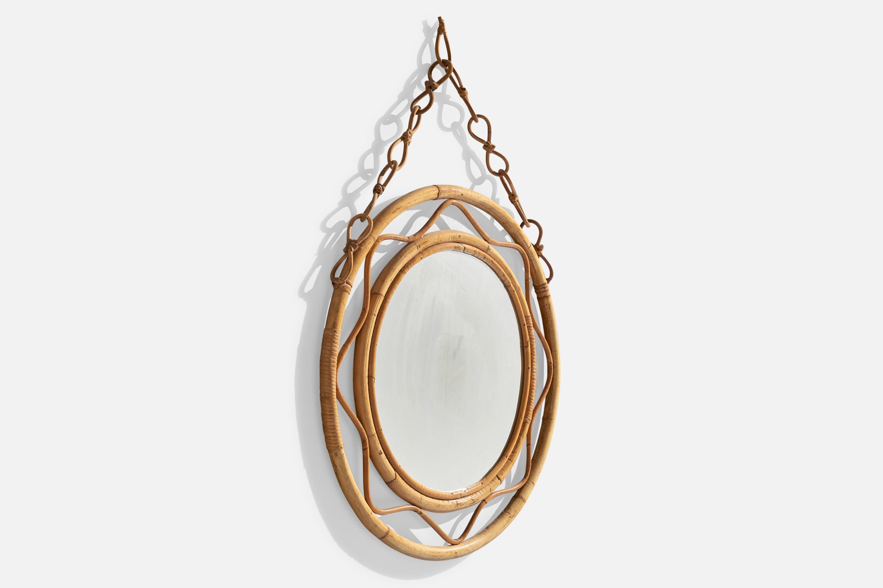 Mid-Century Modern Miroir mural de designer italien, rotin, bambou, Italie, années 1950 en vente