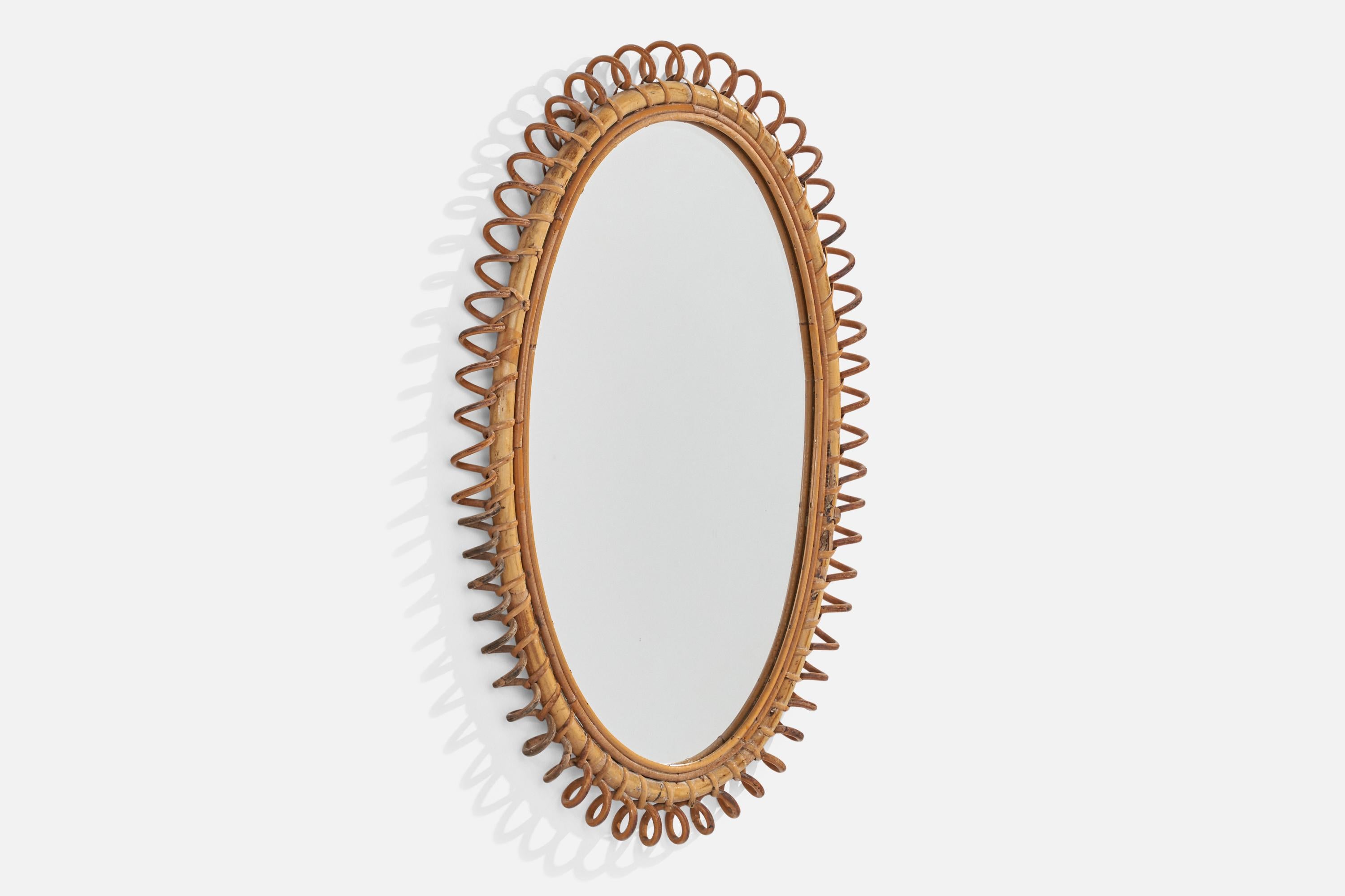 Mid-Century Modern Italian Designer, Wall Mirror, Rattan, Bamboo, Italy, 1950s For Sale