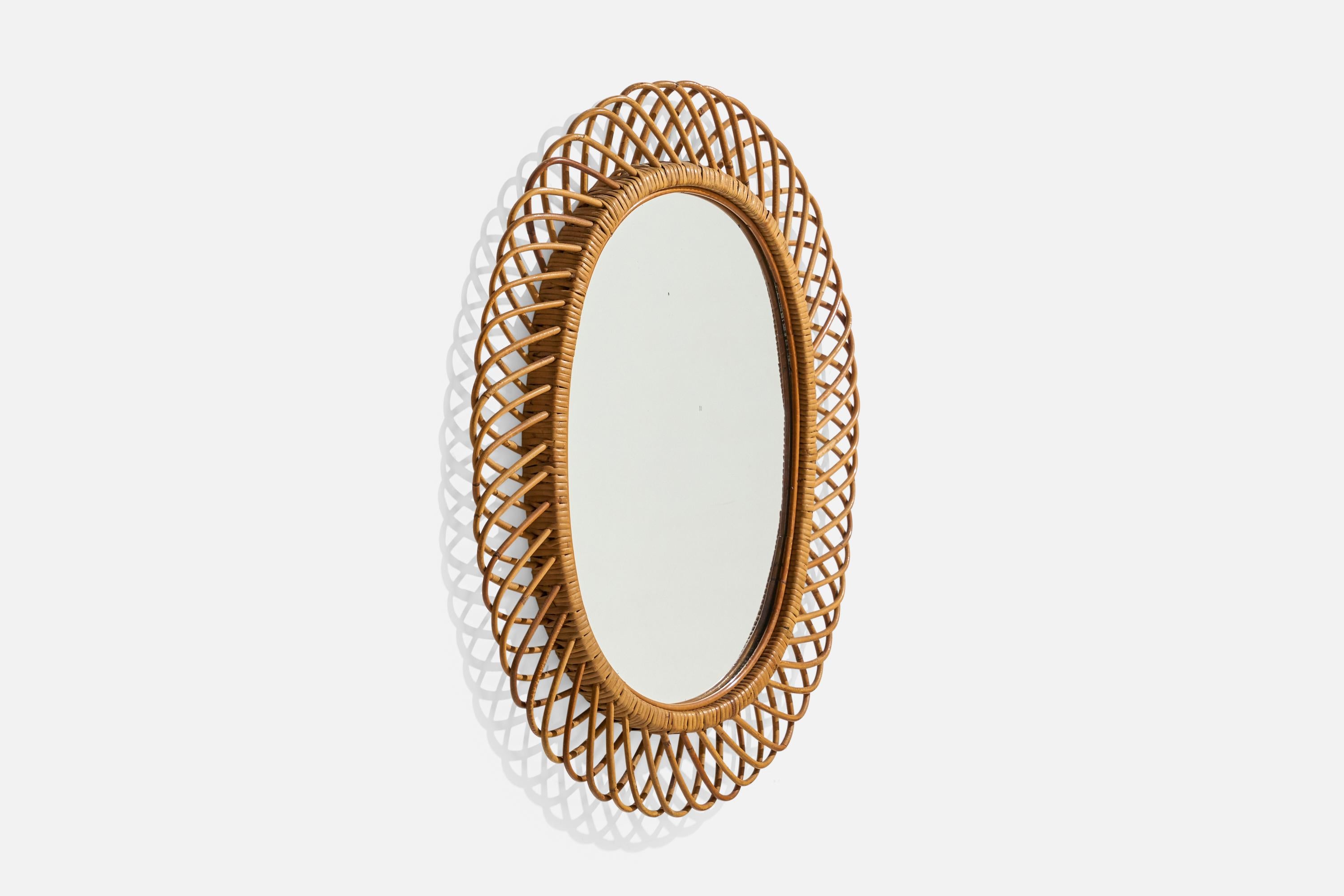 Mid-Century Modern Italian Designer, Wall Mirror, Rattan, Bamboo, Italy, 1950s For Sale