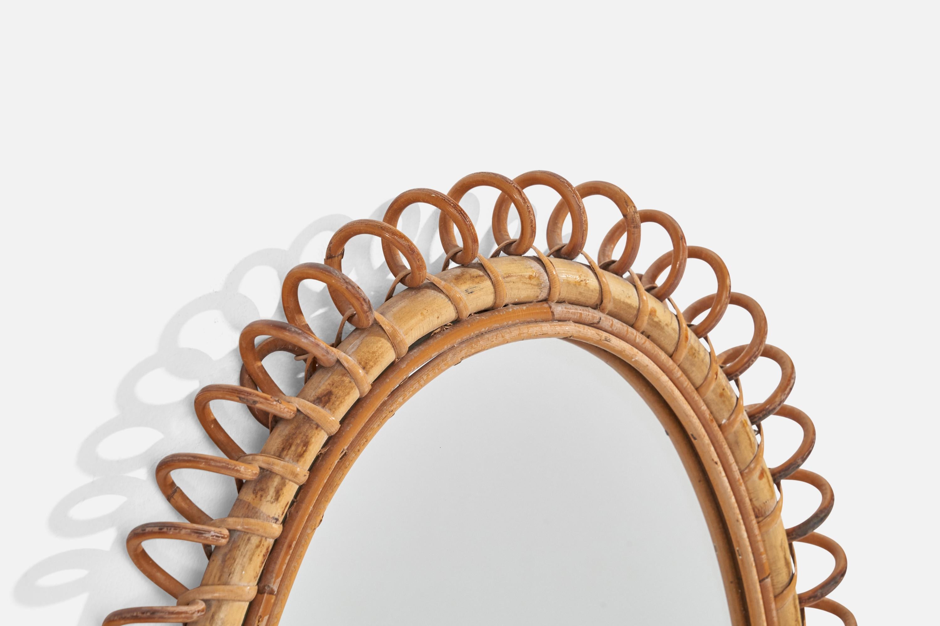 Italian Designer, Wall Mirror, Rattan, Bamboo, Italy, 1950s In Good Condition For Sale In High Point, NC