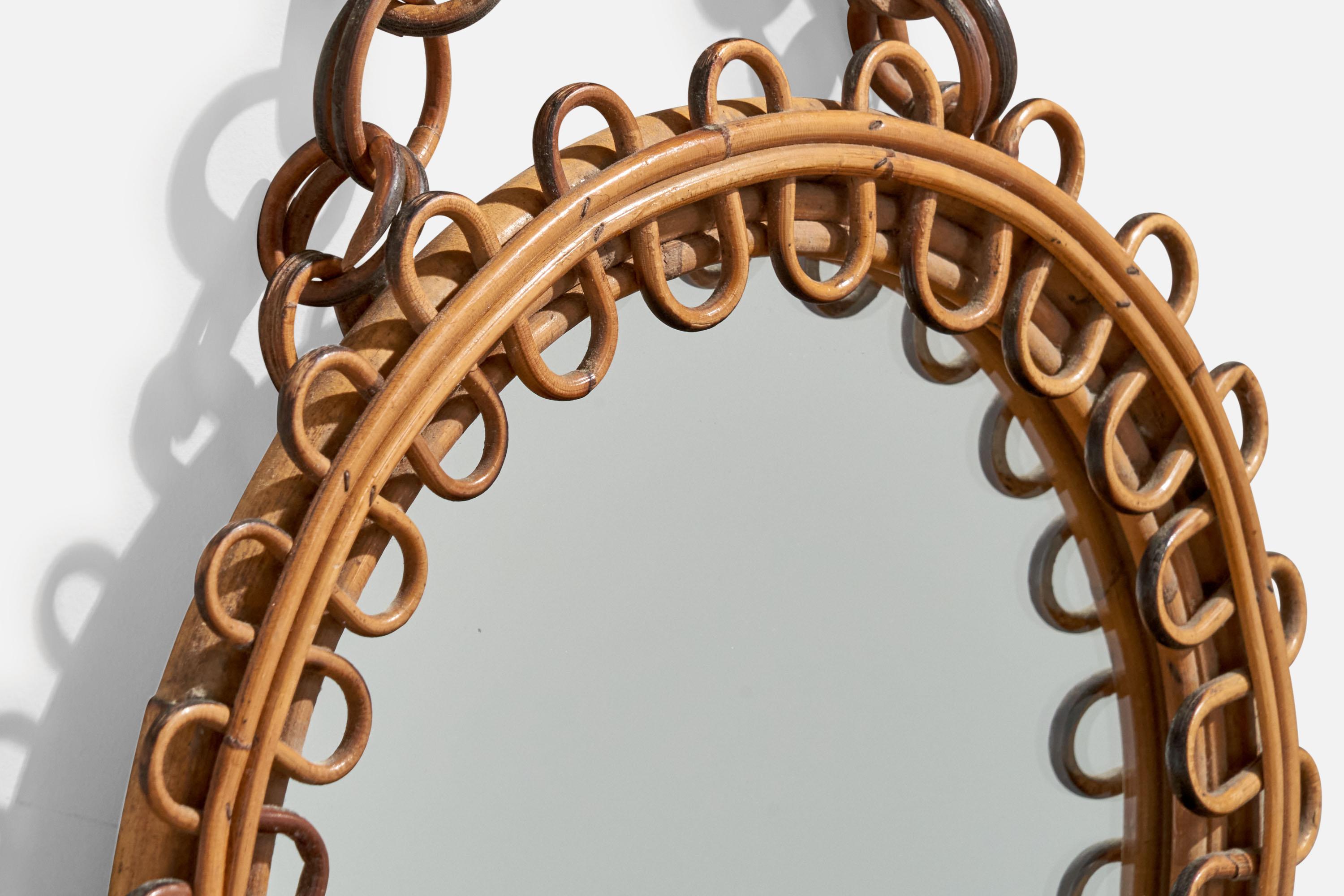 Italienischer Designer, Wandspiegel, Rattan, Bambus, Italien, 1950er Jahre (Mitte des 20. Jahrhunderts) im Angebot