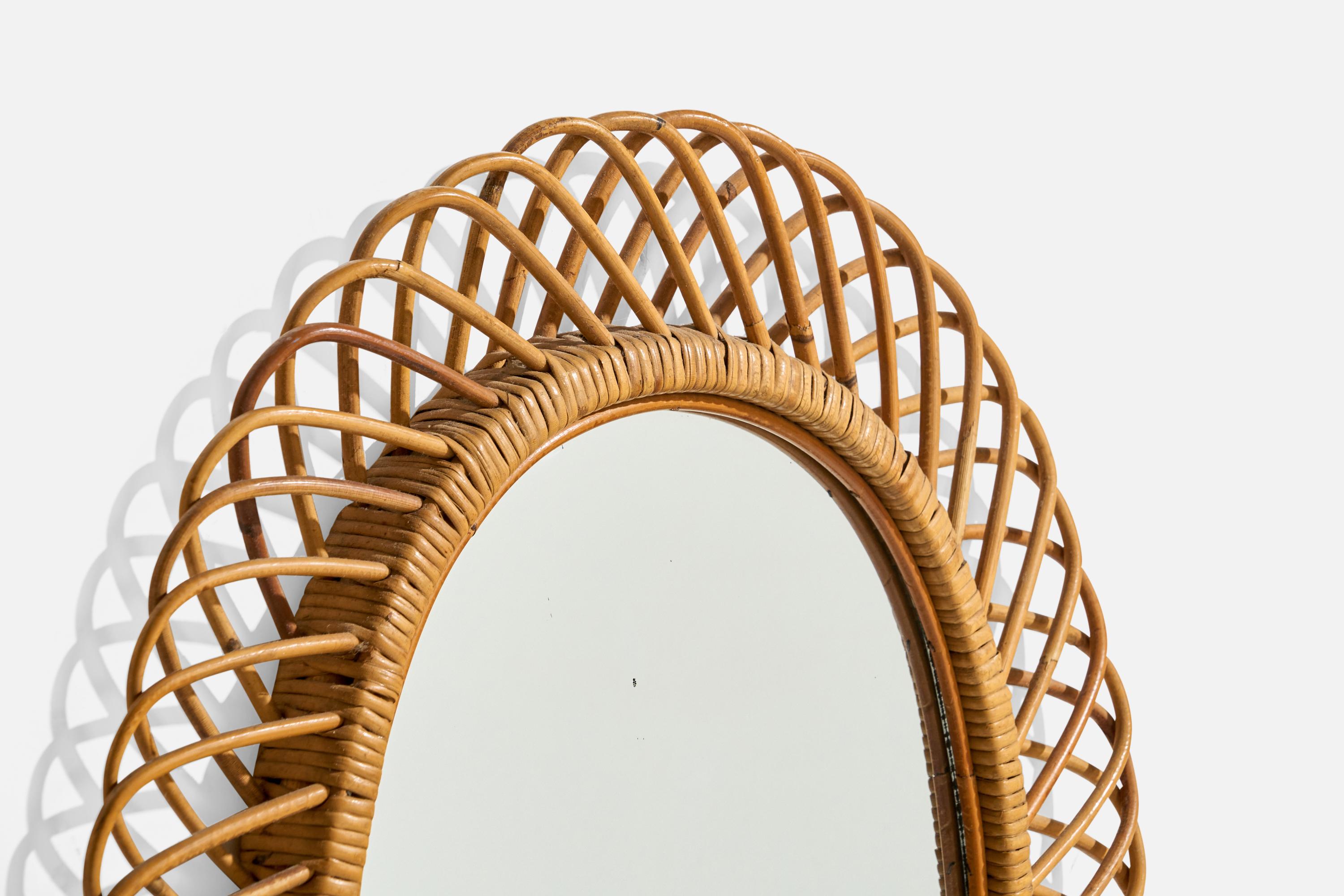 Italian Designer, Wall Mirror, Rattan, Bamboo, Italy, 1950s In Good Condition For Sale In High Point, NC