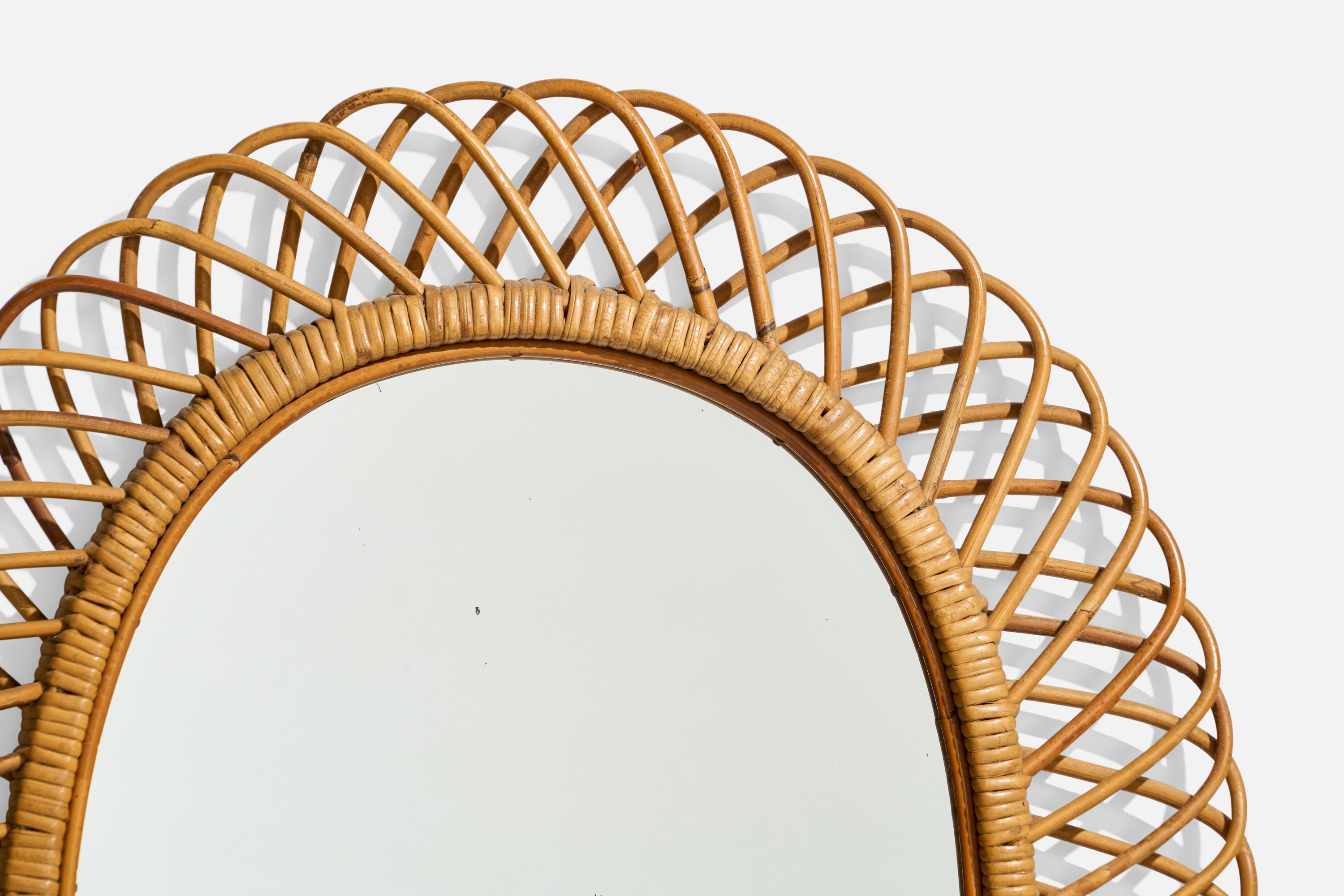 Mid-20th Century Italian Designer, Wall Mirror, Rattan, Bamboo, Italy, 1950s For Sale