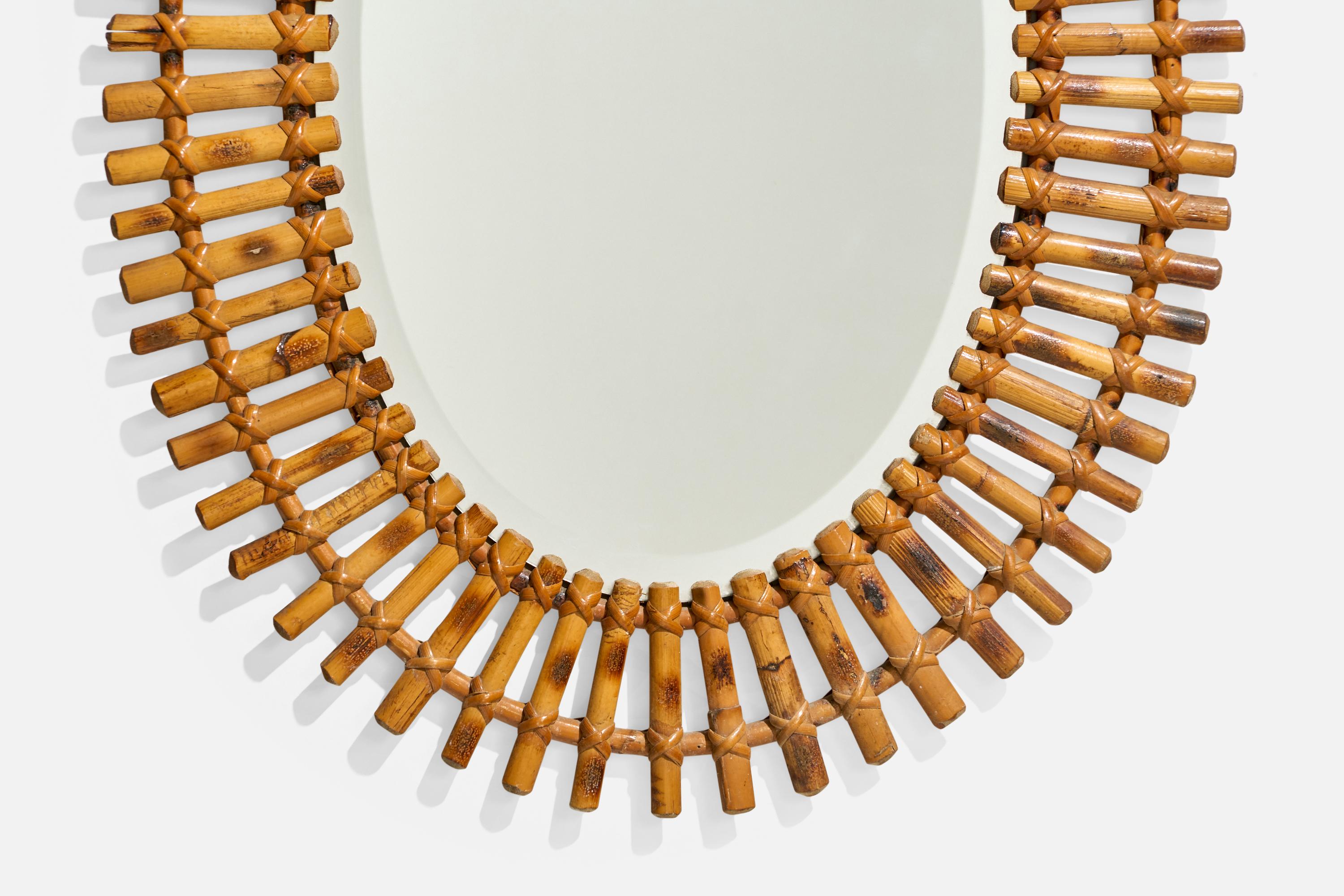 Bambou Miroir mural de designer italien, rotin, bambou, Italie, années 1950 en vente