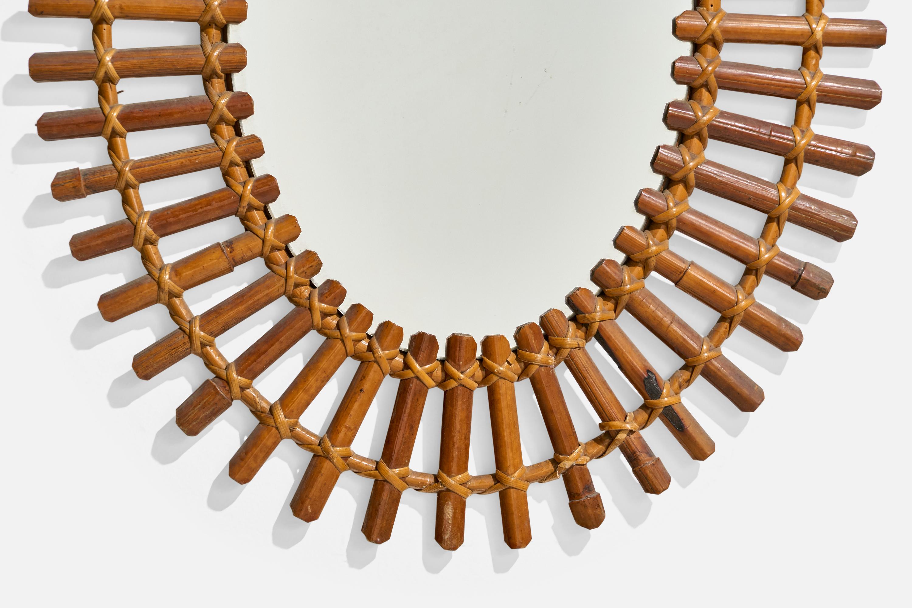 Bambou Miroir mural de designer italien, rotin, bambou, Italie, années 1950 en vente