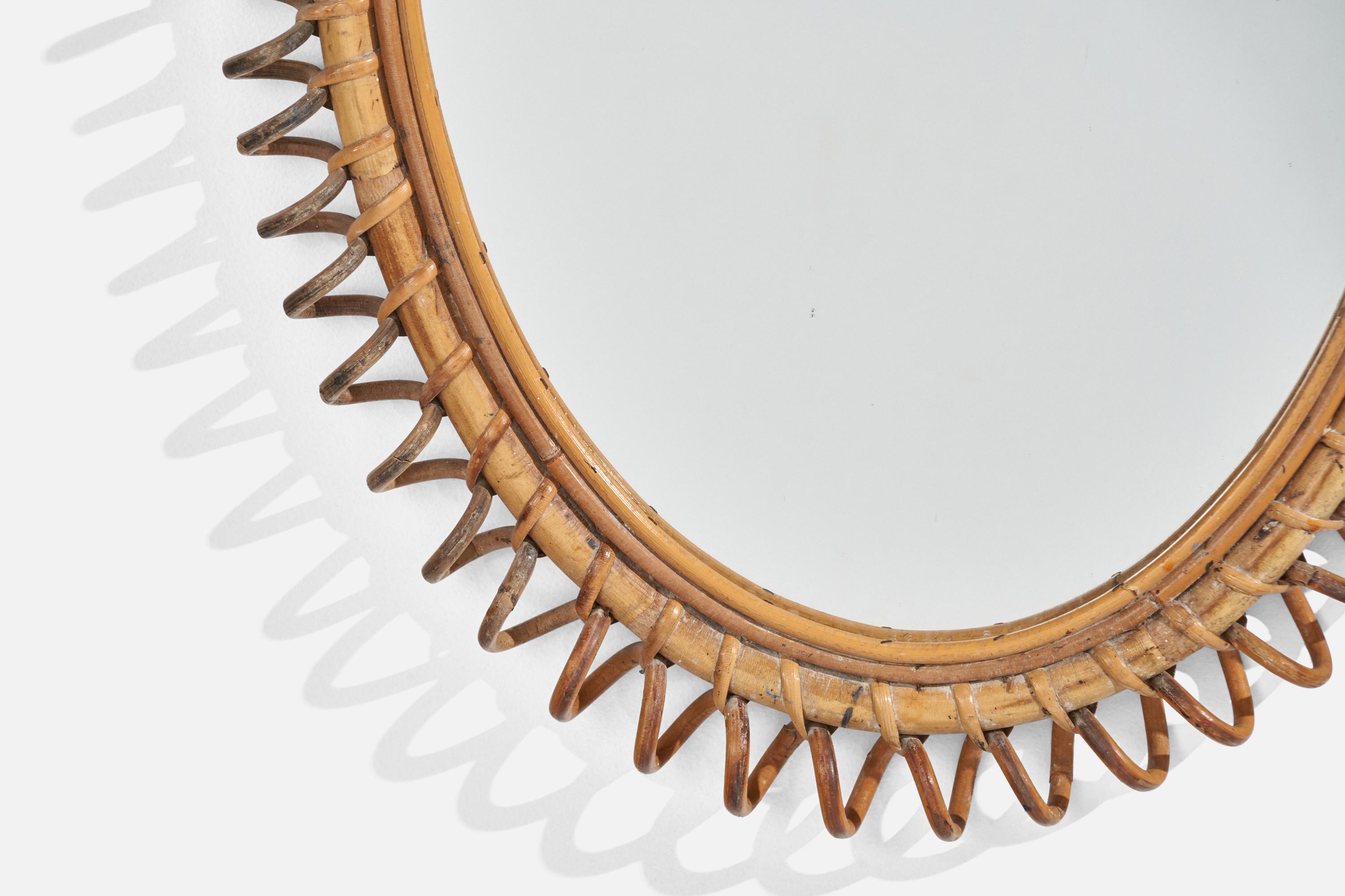 Italian Designer, Wall Mirror, Rattan, Bamboo, Italy, 1950s For Sale 1