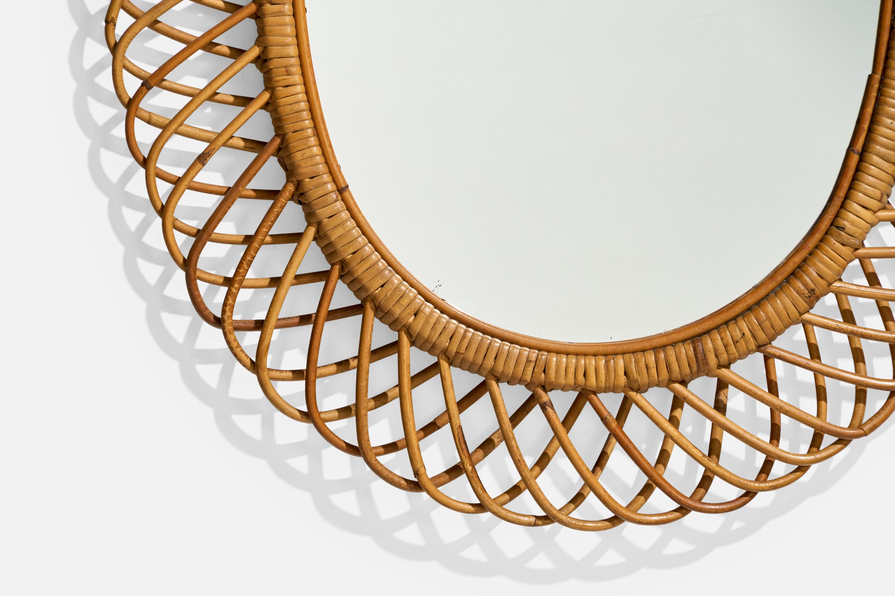Italian Designer, Wall Mirror, Rattan, Bamboo, Italy, 1950s For Sale 1