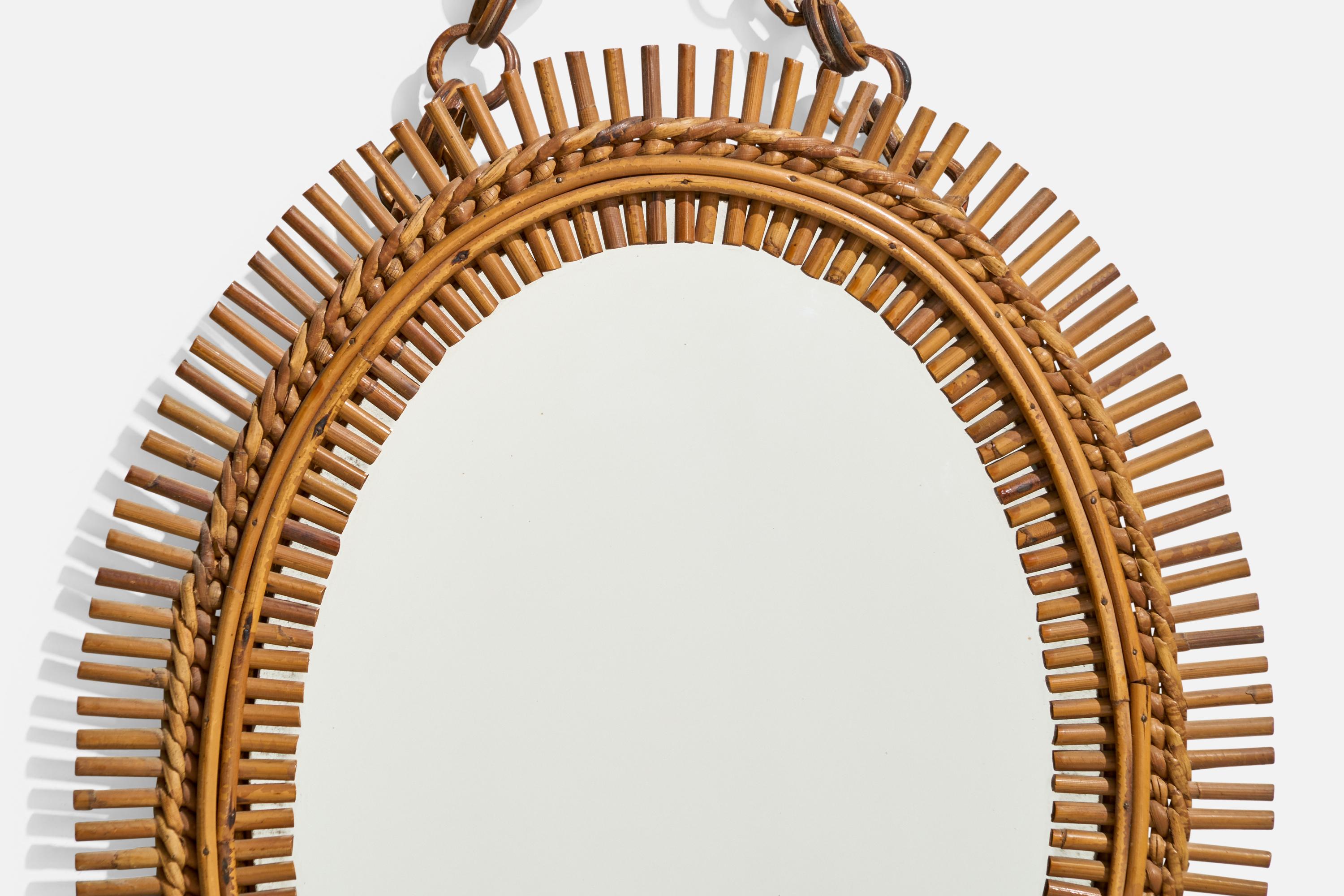 Miroir mural de designer italien, rotin, bambou, Italie, années 1950 en vente 1