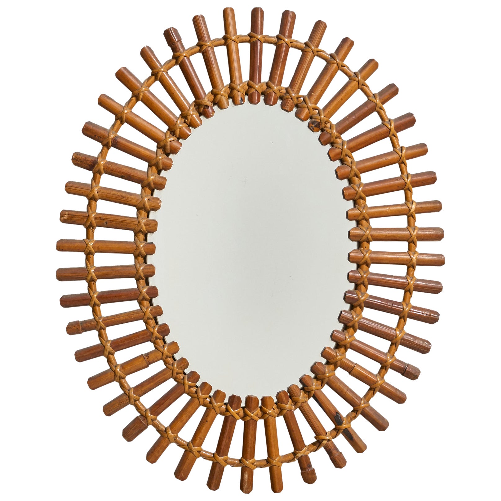 Italian Designer, Wall Mirror, Rattan, Bamboo, Italy, 1950s For Sale