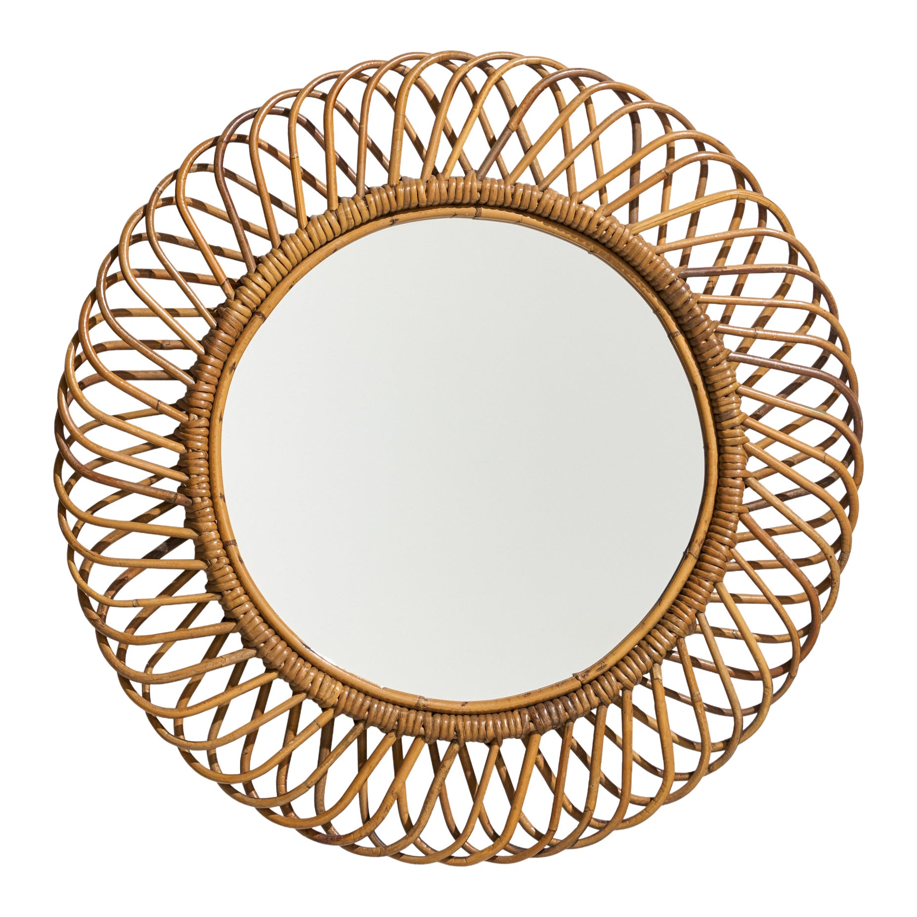 Specchio da parete di design italiano, rattan, bambù, Italia, anni '50
