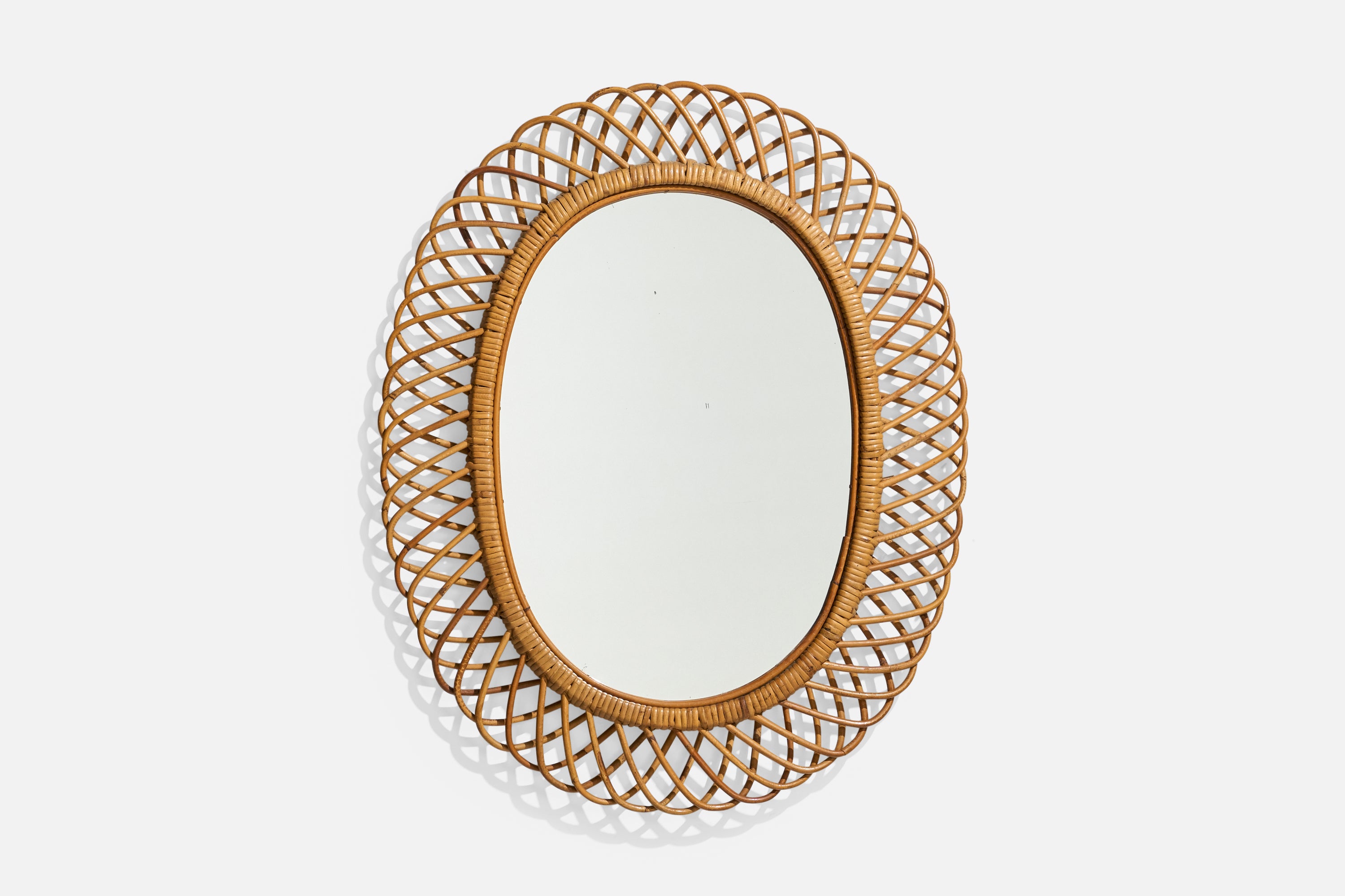 Italienischer italienischer Designer, Wandspiegel, Rattan, Bambus, Italien, 1950er Jahre