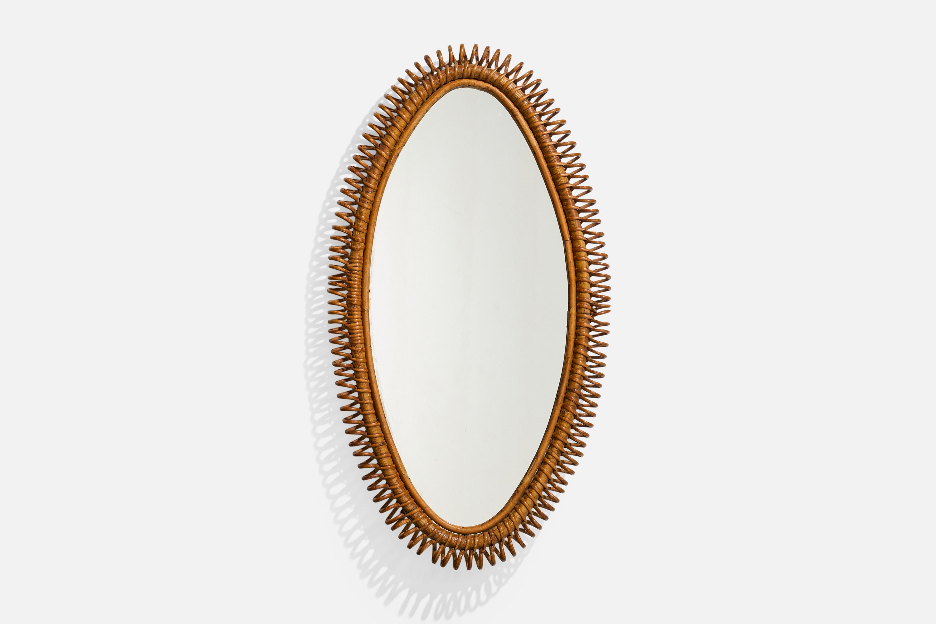 Diseñador italiano, Espejo de pared, ratán, bambú, Italia, años 50