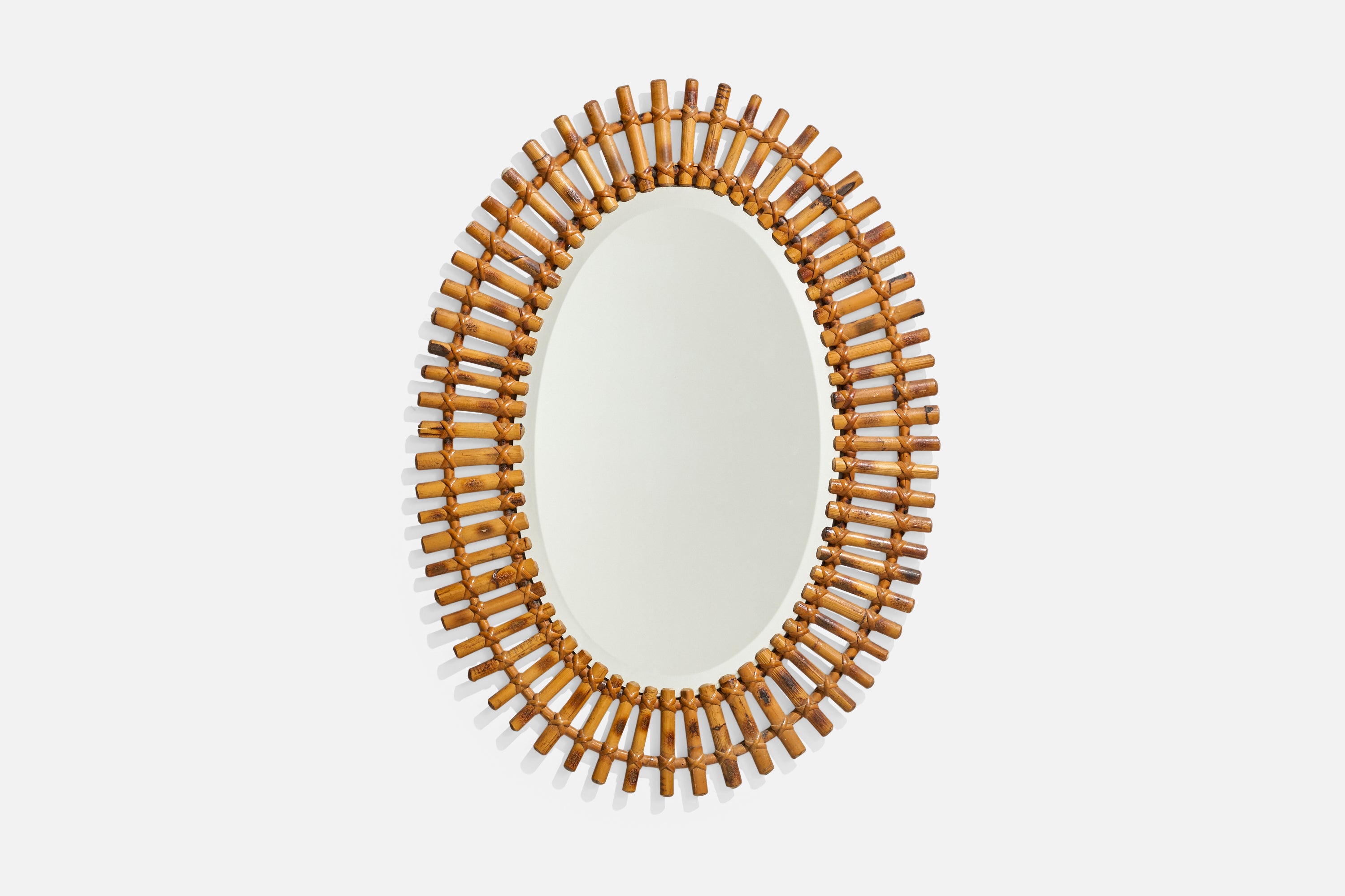 Diseñador italiano, Espejo de pared, ratán, bambú, Italia, años 50