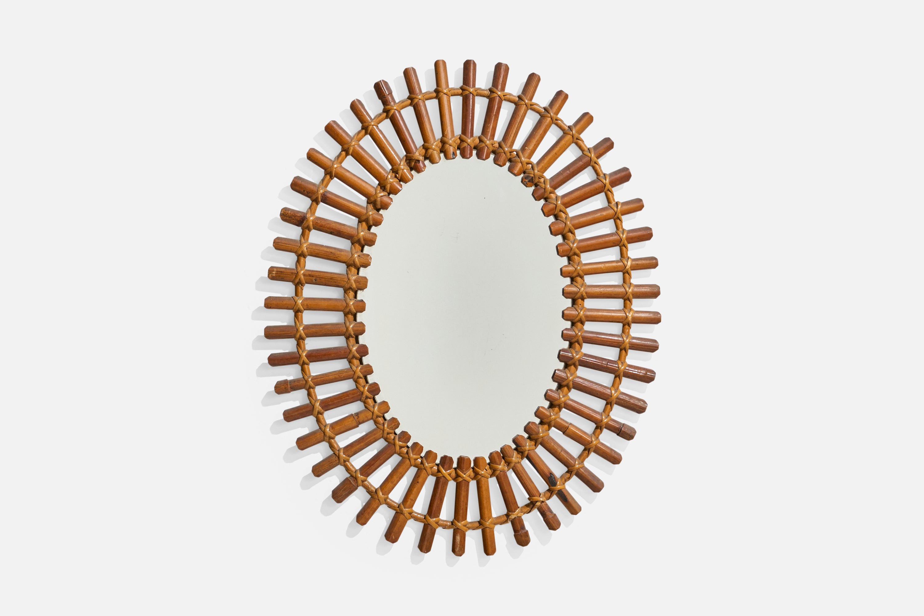 Diseñador italiano, Espejo de pared, ratán, bambú, Italia, años 50
