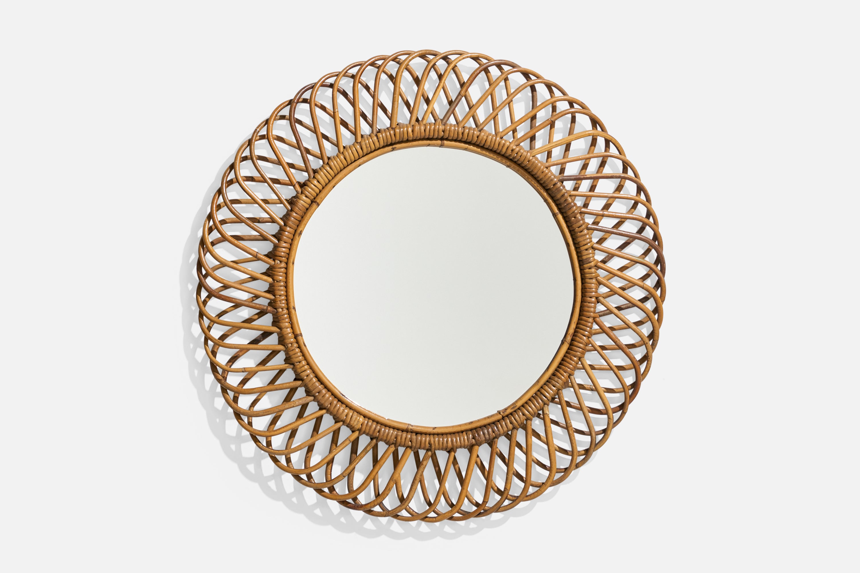 Italian Designer, Wall Mirror, Rattan, Bamboo, Italy, 1950s