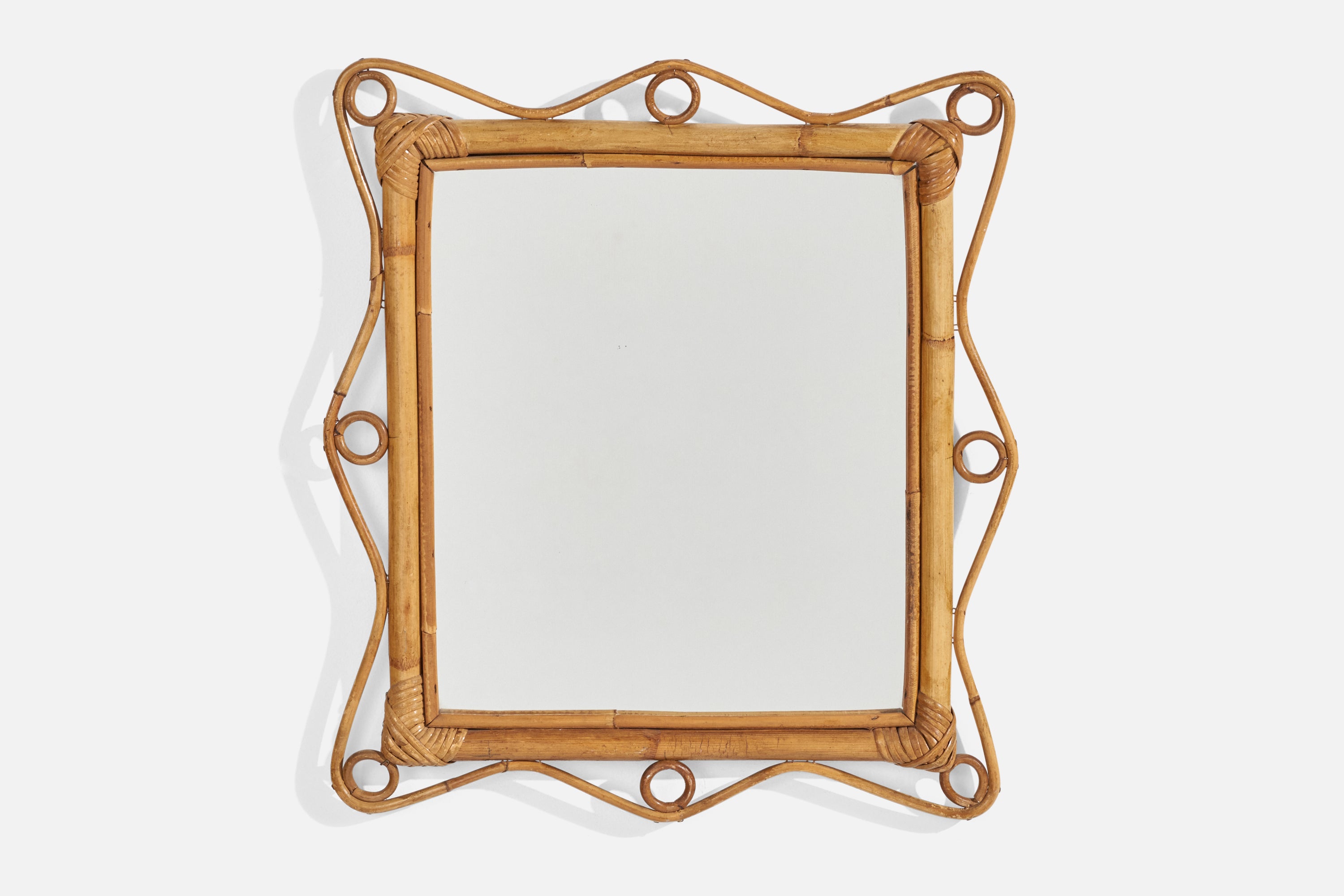 Specchio da parete di design italiano, rattan, bambù, Italia, anni '50