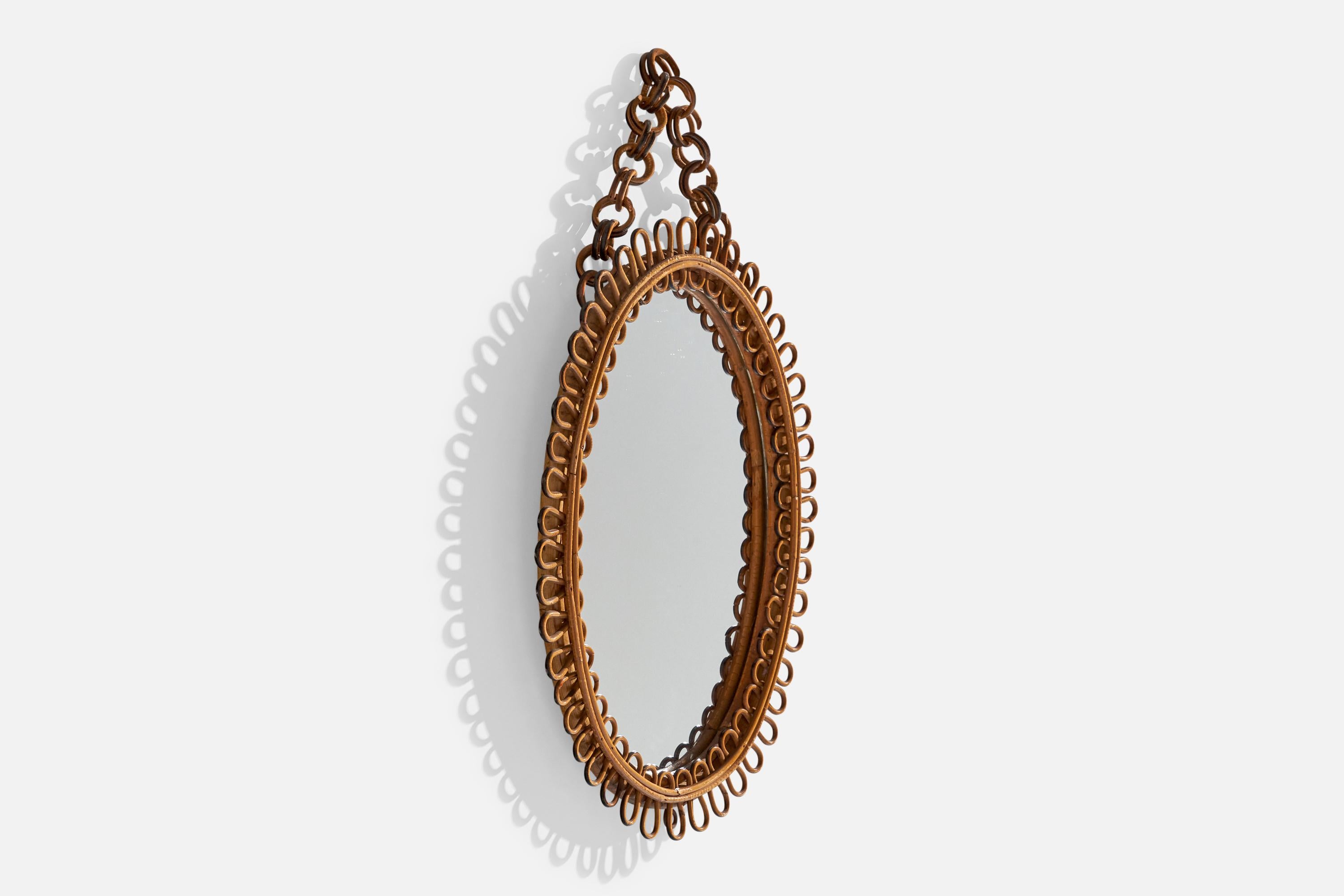 Mid-Century Modern Italian Designer, Wall Mirror, Rattan, Bamboo, Italy, 1960s For Sale