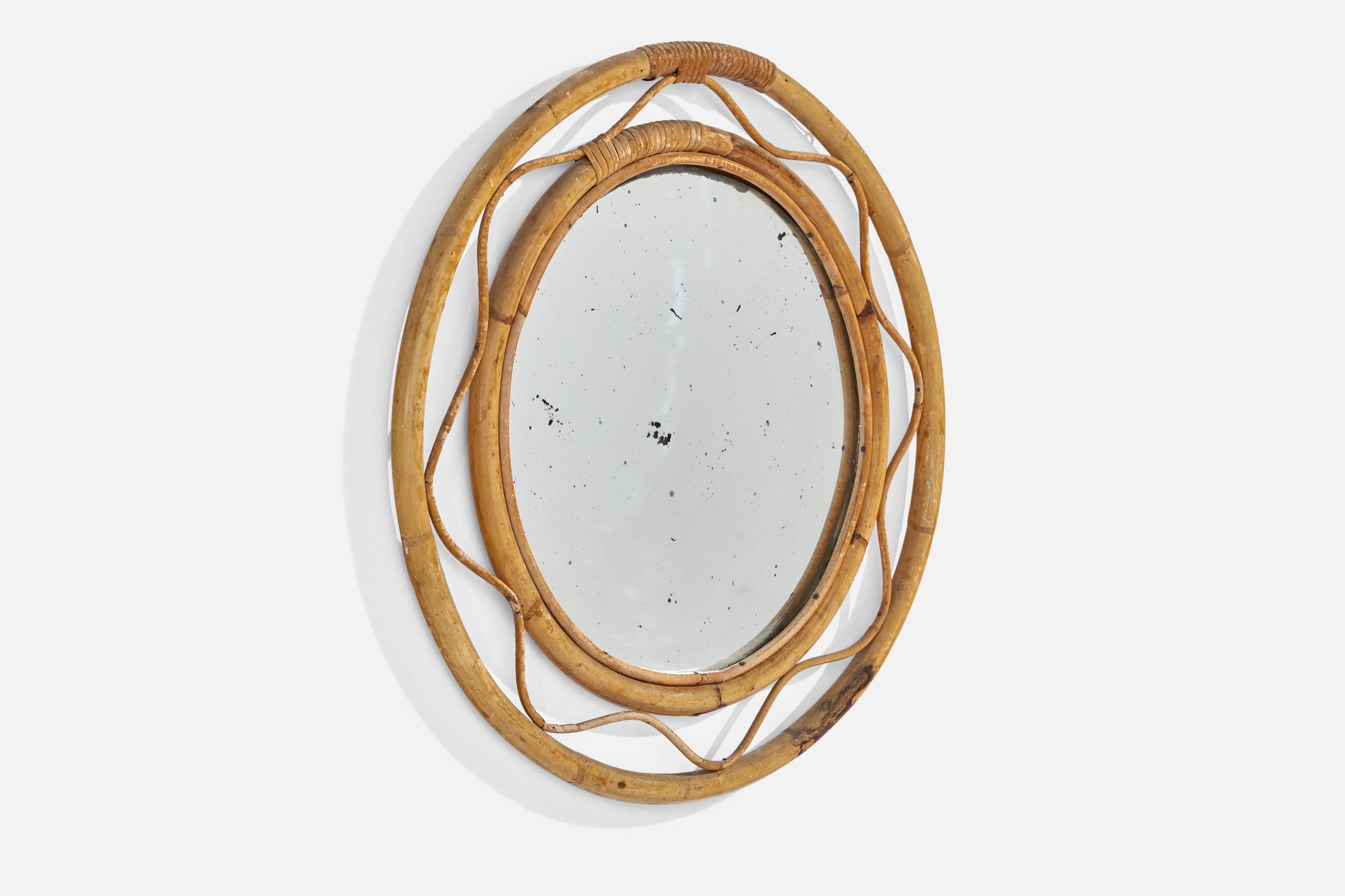 Mid-Century Modern Italian Designer, Wall Mirror, Rattan, Bamboo, Italy, 1960s For Sale