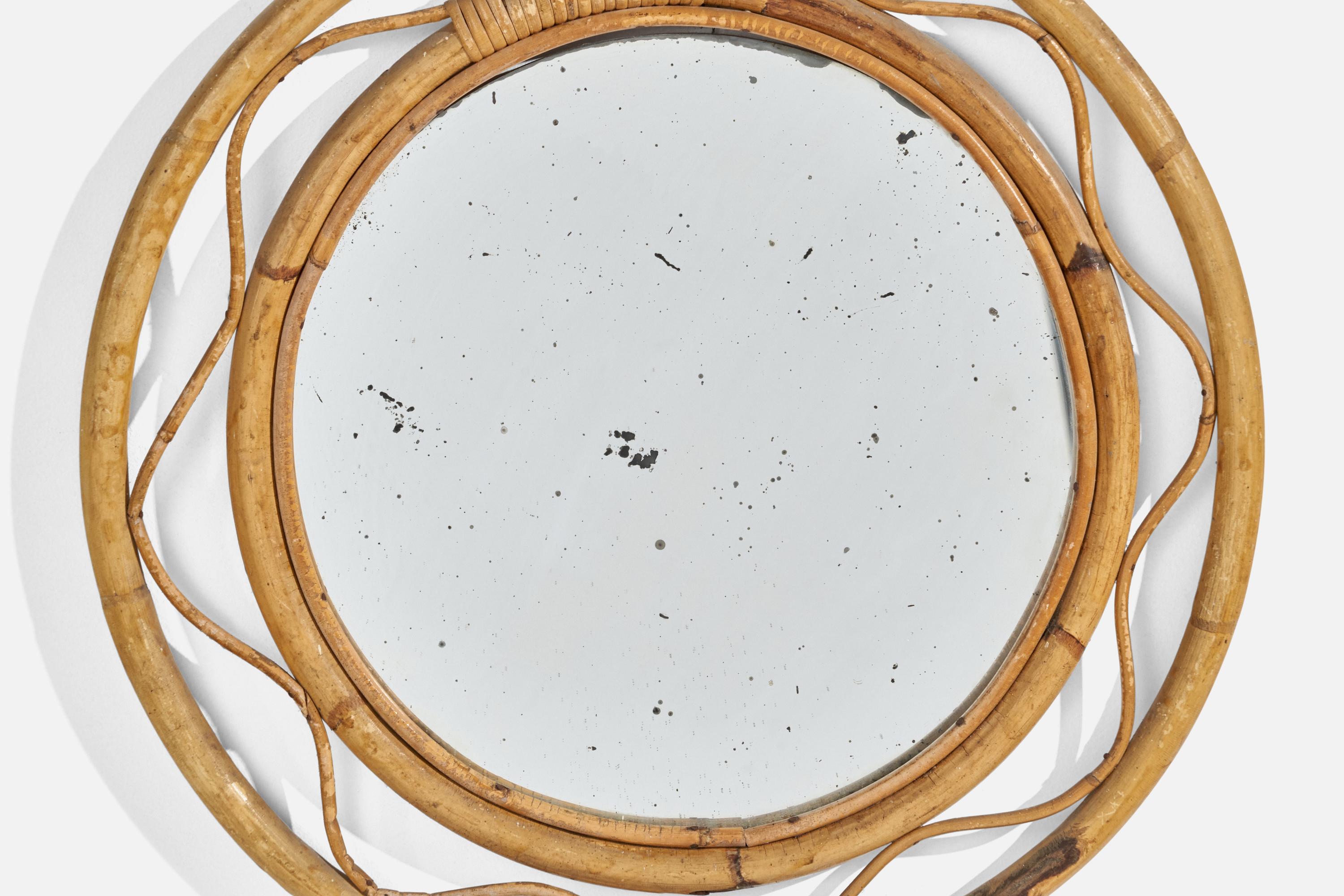 Italian Designer, Wall Mirror, Rattan, Bamboo, Italy, 1960s In Fair Condition For Sale In High Point, NC
