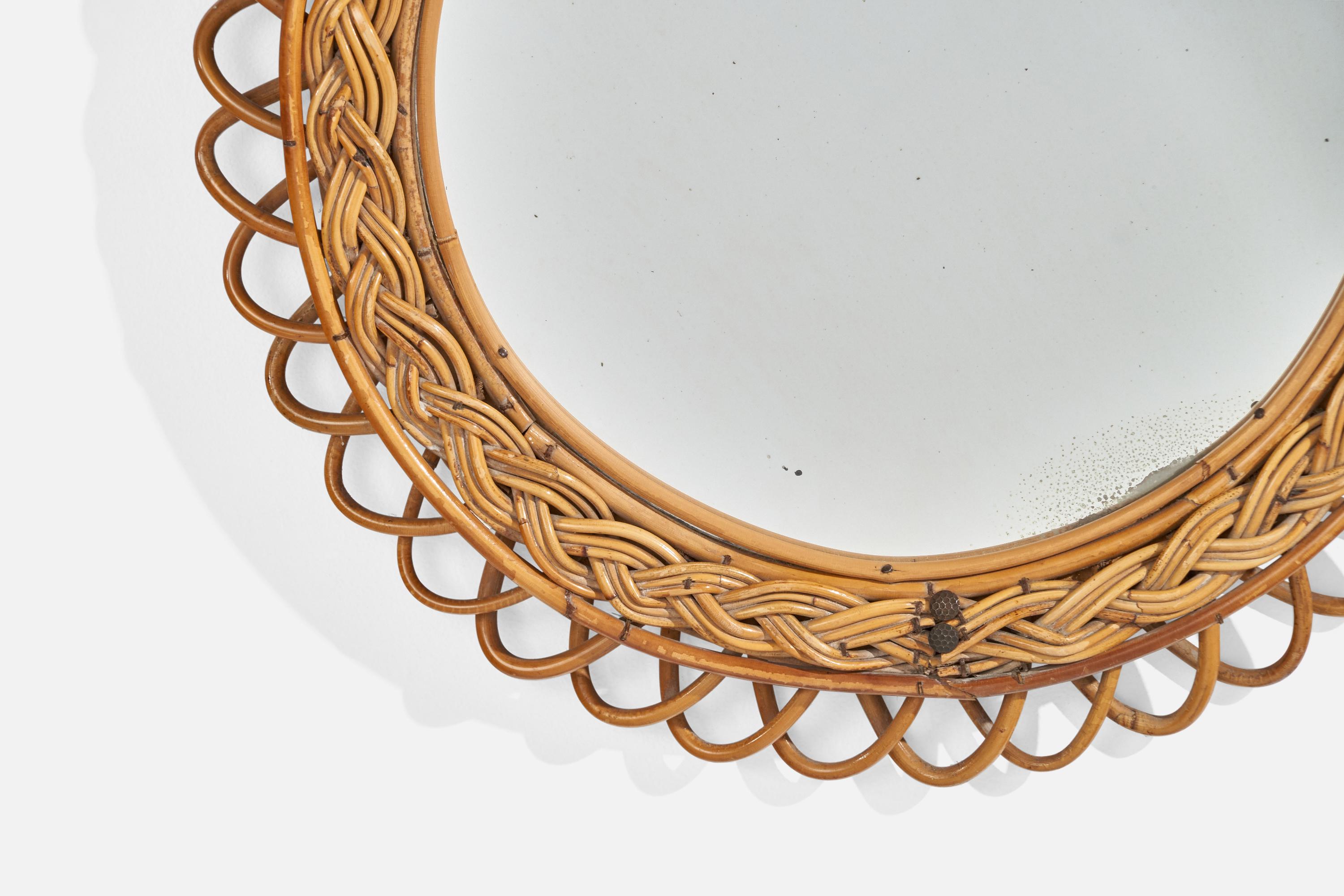 Miroir mural de designer italien, rotin, bambou, Italie, années 1960 en vente 1