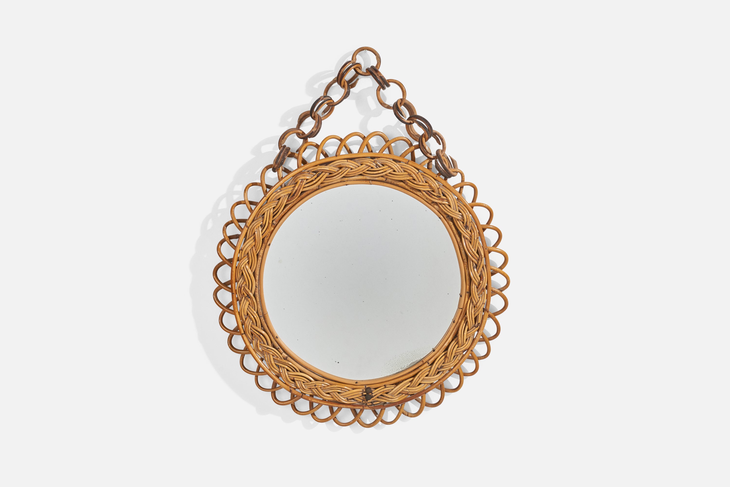 Italienischer Designer, Wandspiegel, Rattan, Bambus, Italien, 1960er Jahre