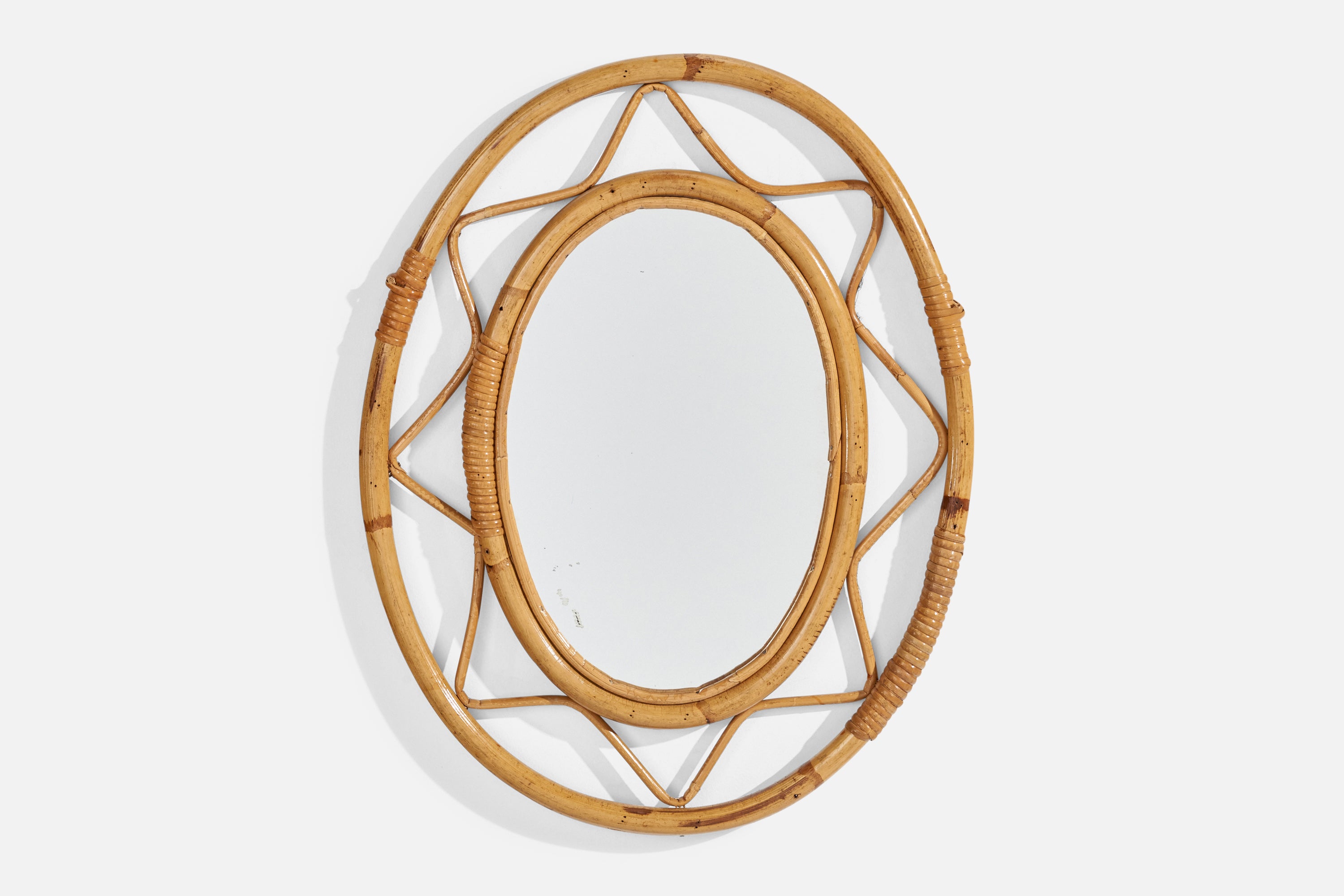 Miroir mural de designer italien, rotin, bambou, Italie, années 1960
