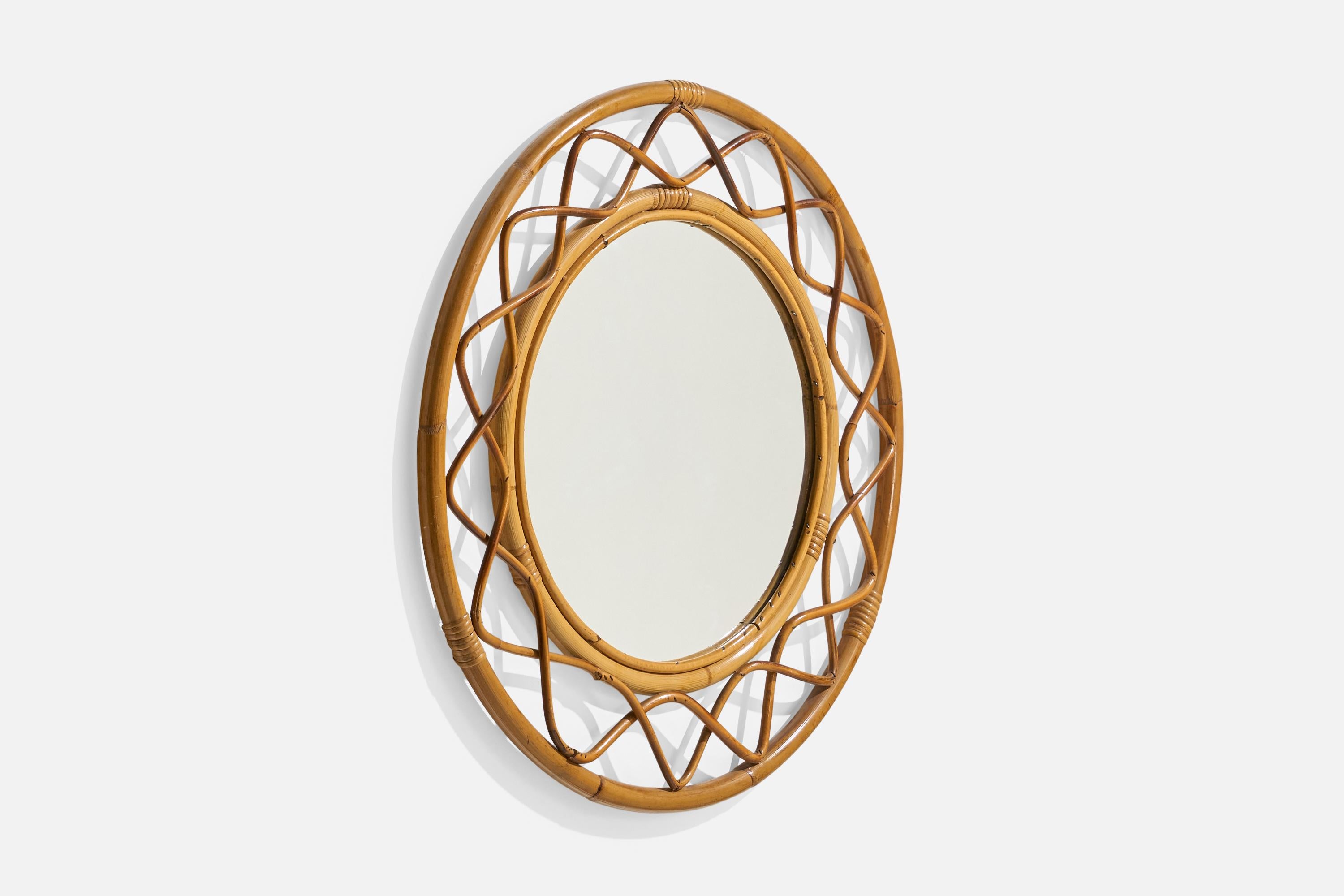 Mid-Century Modern Italian Designer, Wall Mirror, Rattan, Bamboo, Italy, c. 1950s For Sale