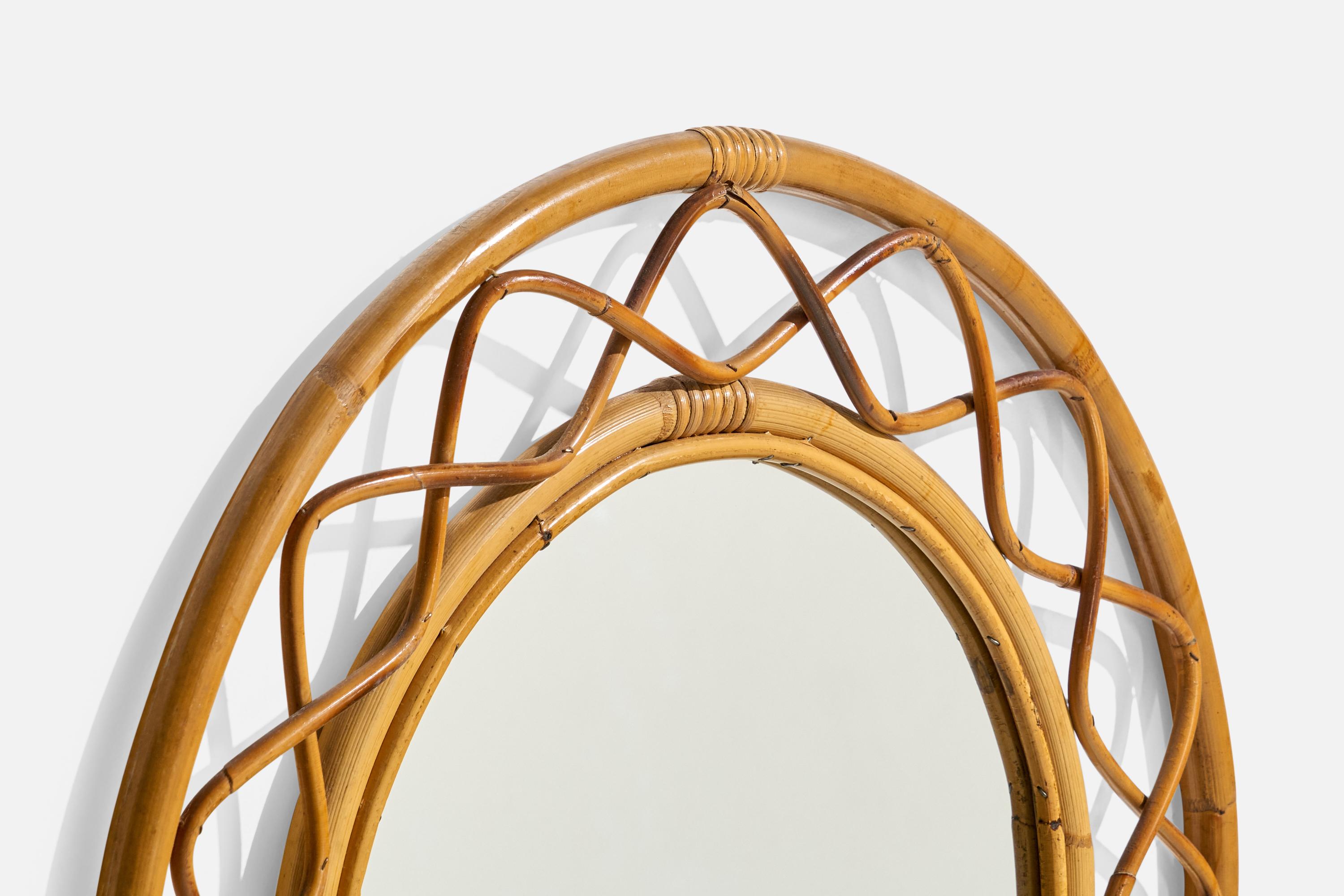 Italian Designer, Wall Mirror, Rattan, Bamboo, Italy, c. 1950s In Good Condition For Sale In High Point, NC