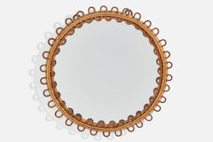 Diseñador italiano, espejo de pared, ratán, bambú, espejo de cristal, Italia, años 50