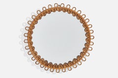 Italian Designer, Wall Mirror, Rattan, Bamboo, Mirror Glass, Italy, 1950s