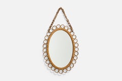 Specchio da parete di design italiano, rattan, bambù, vetro a specchio, Italia, anni '50