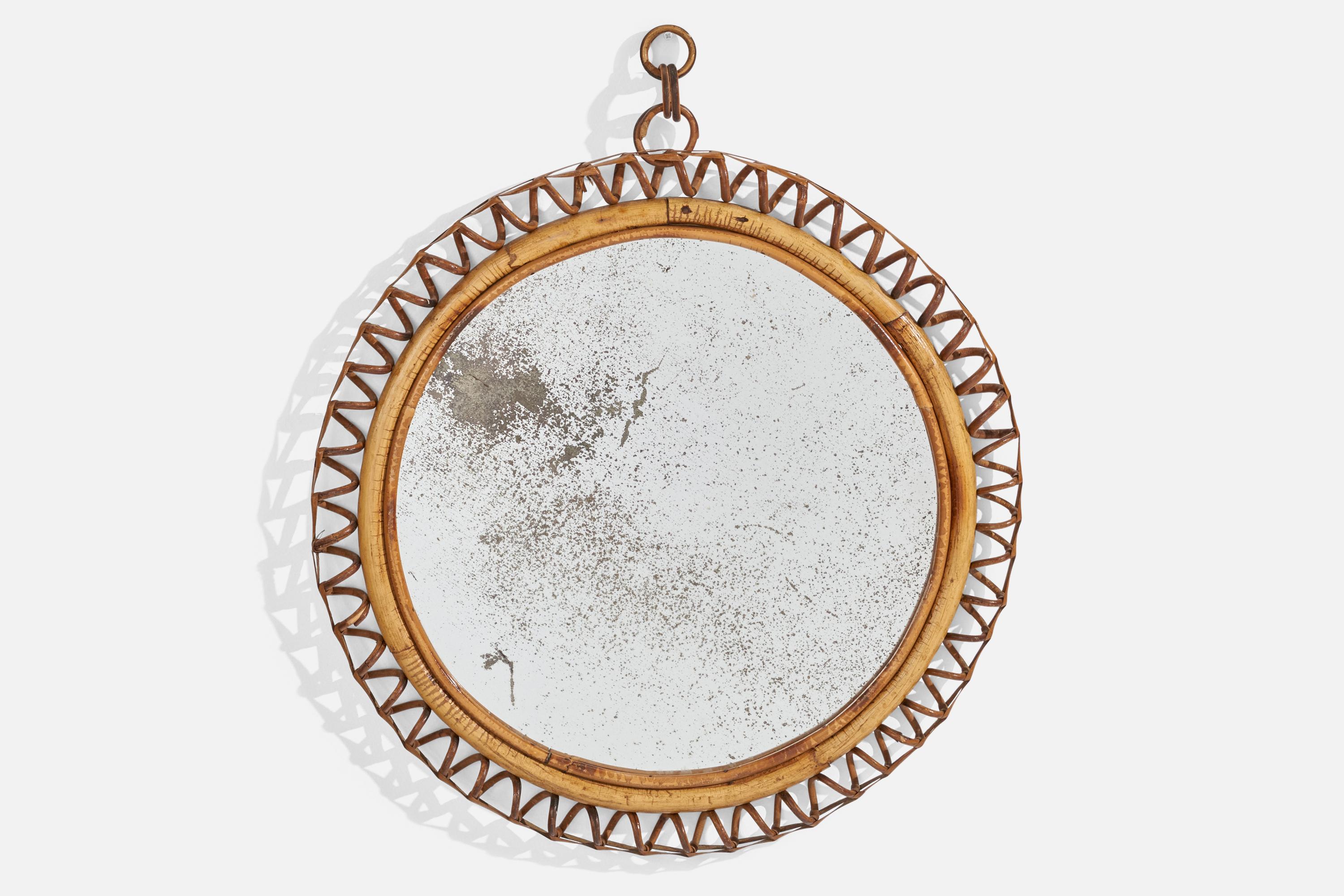 A wall mirror, produced in Italy, 1950s. Cut mirror glass is framed in bamboo and rattan

Other designers of the period include Gio Ponti, Fontana Arte, Max Ingrand, Franco Albini, and Josef Frank.