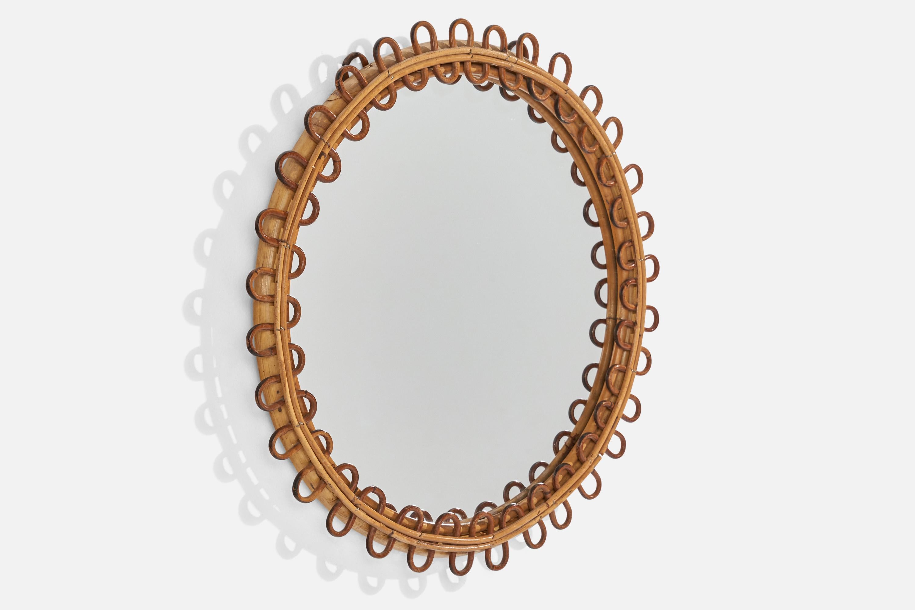 Mid-Century Modern Miroir mural de designer italien, rotin, bambou, verre de miroir, Italie, années 1950 en vente