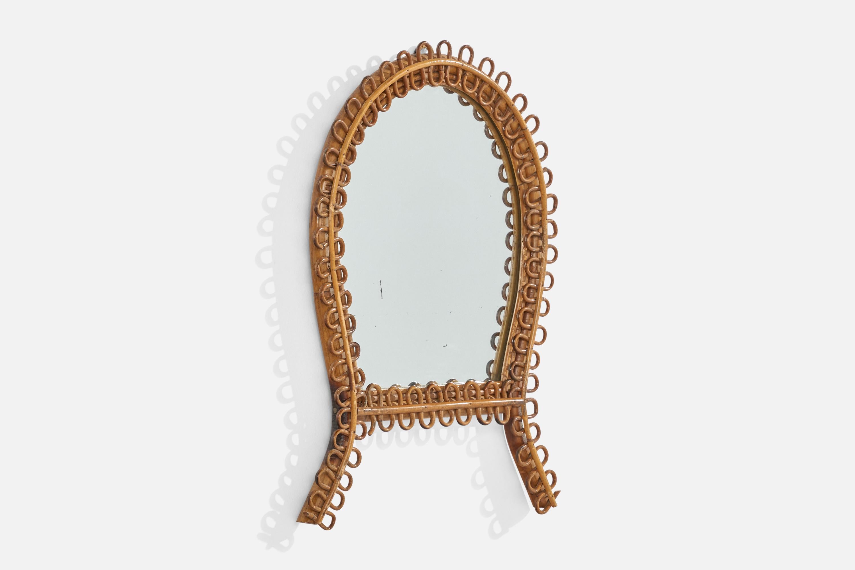 Mid-Century Modern Miroir mural de designer italien, rotin, bambou, verre de miroir, Italie, années 1950 en vente