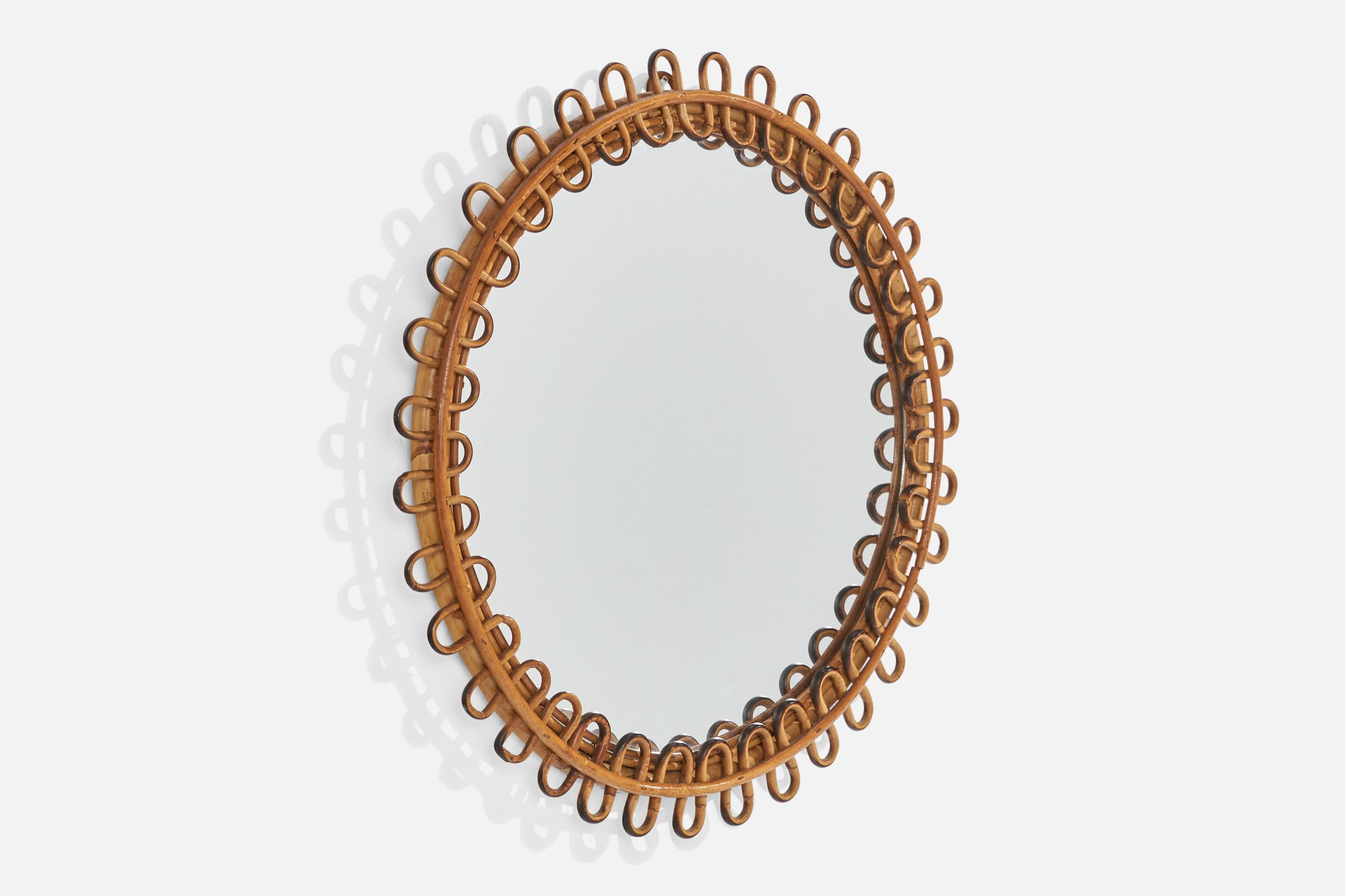 Mid-Century Modern Italian Designer, Wall Mirror, Rattan, Bamboo, Mirror Glass, Italy, 1950s For Sale