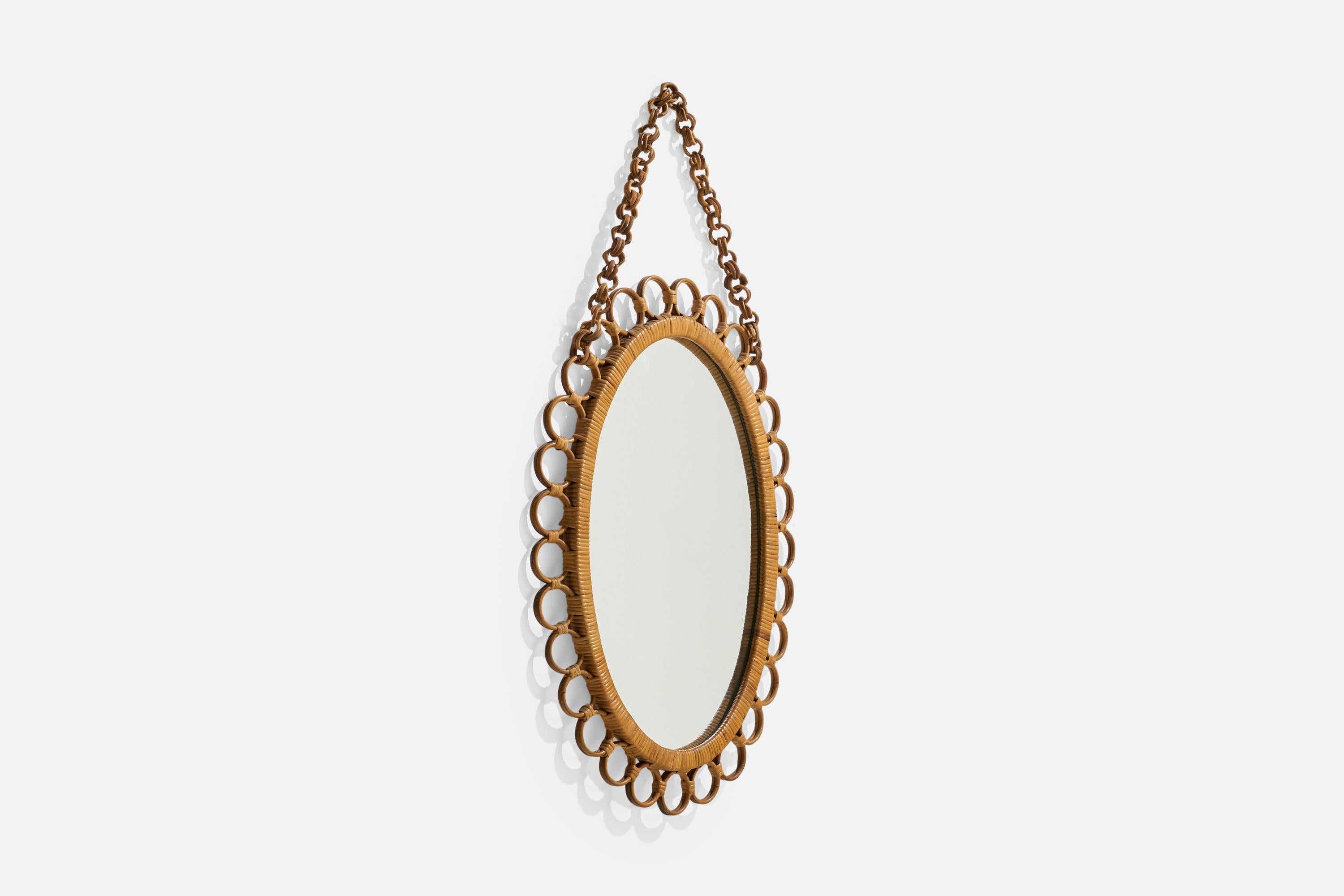 Mid-Century Modern Miroir mural de designer italien, rotin, bambou, verre de miroir, Italie, années 1950 en vente