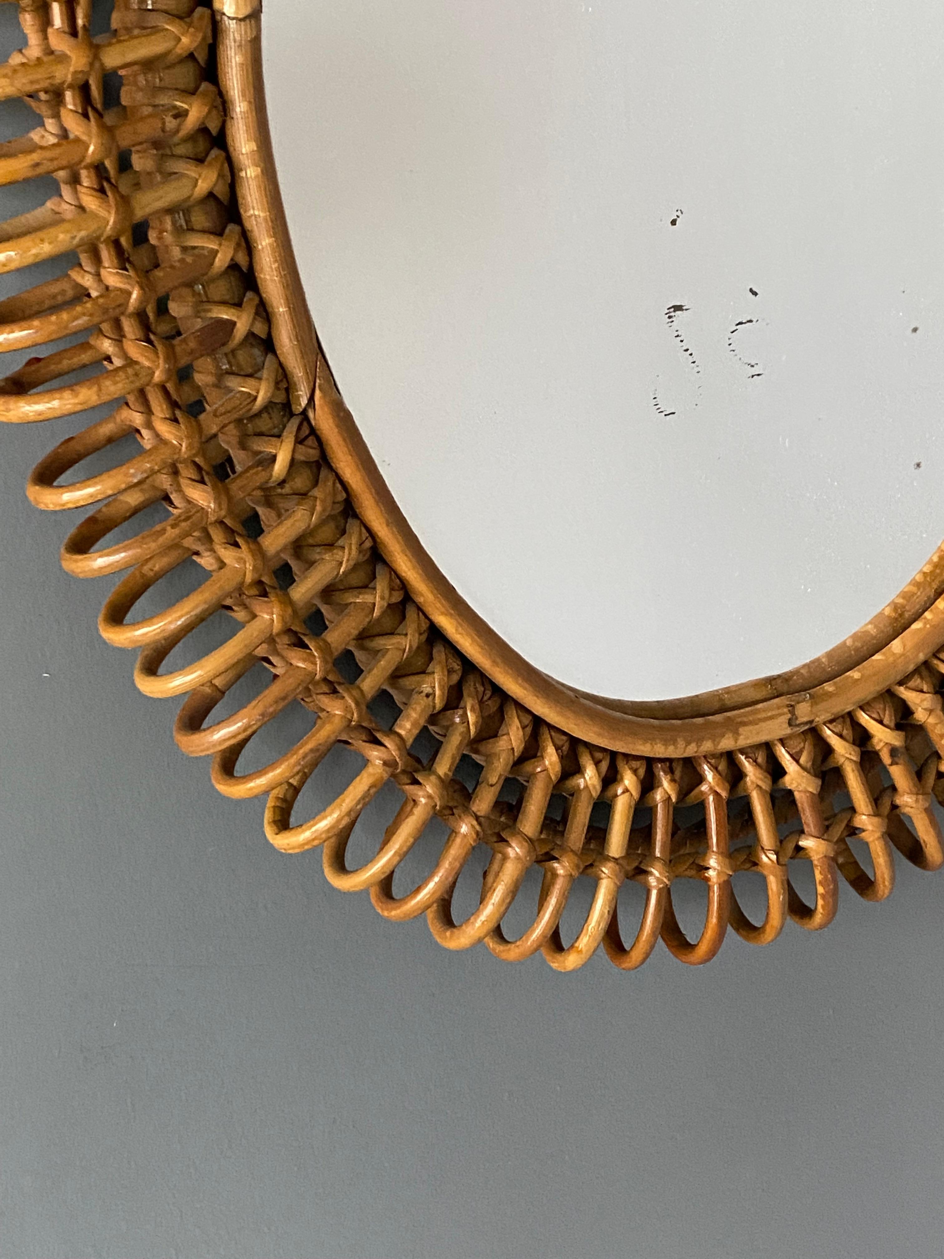 Italian Designer, Wall Mirror, Rattan, Bamboo, Mirror Glass, Italy, 1950s In Good Condition In High Point, NC