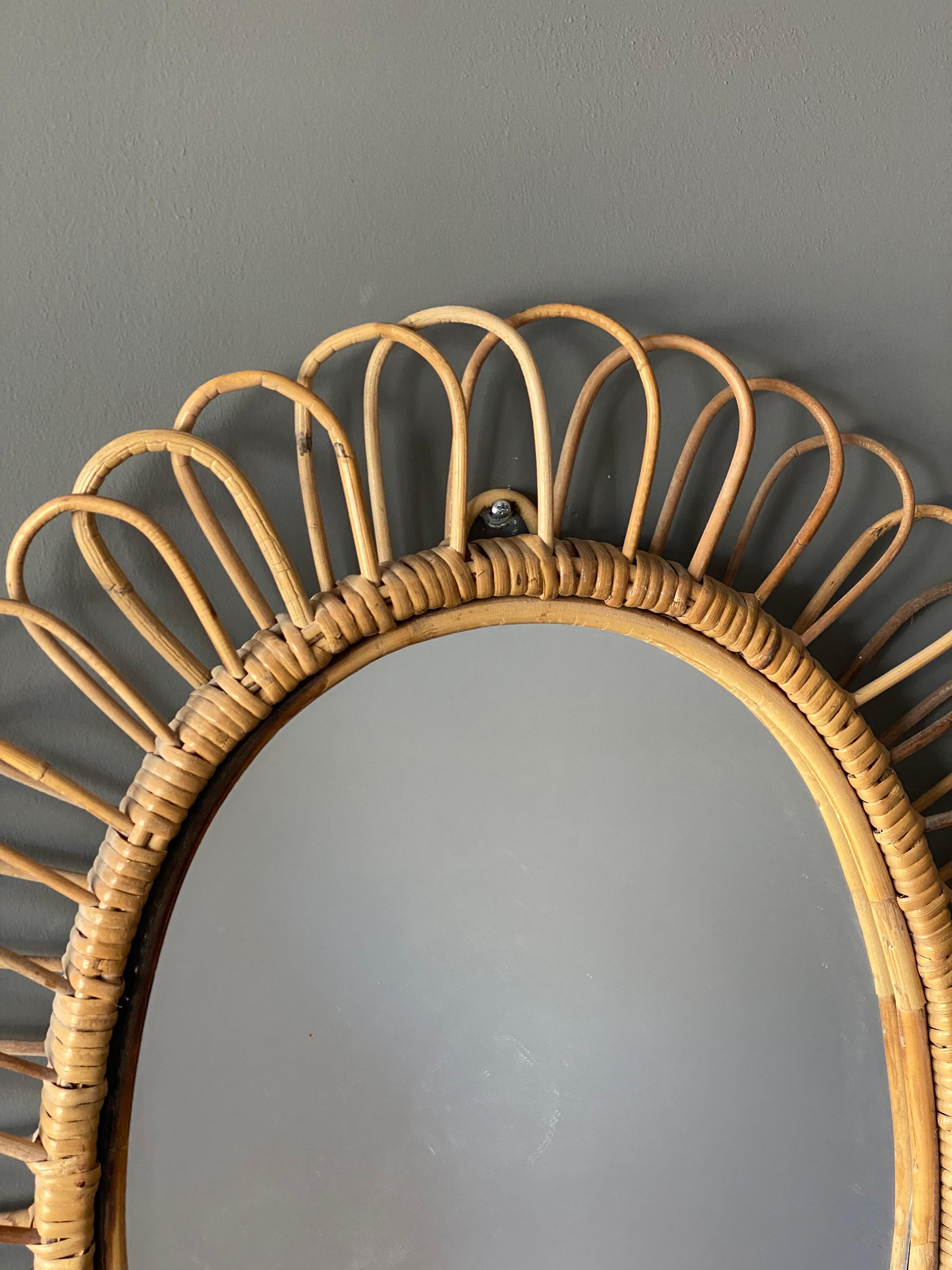 Italian Designer, Wall Mirror, Rattan Bamboo, Mirror Glass, Italy, 1950s In Good Condition In High Point, NC