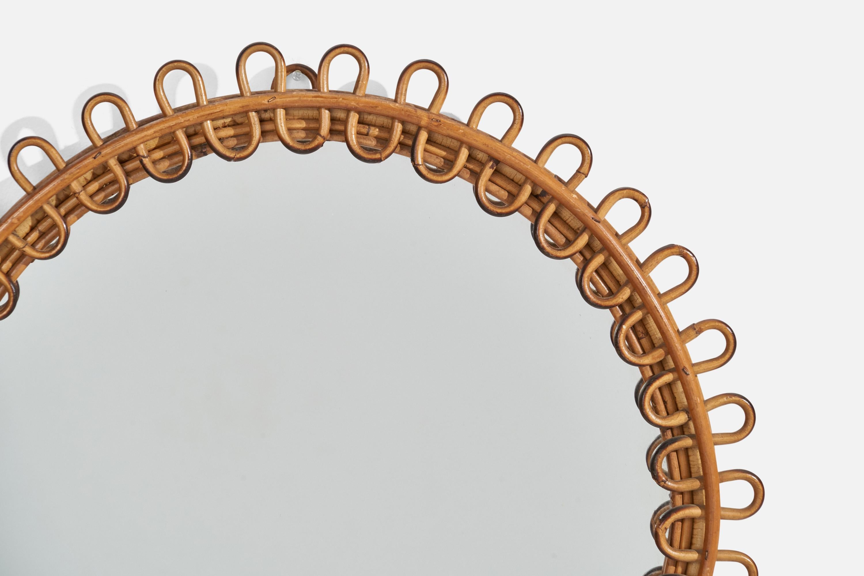 Italian Designer, Wall Mirror, Rattan, Bamboo, Mirror Glass, Italy, 1950s In Good Condition For Sale In High Point, NC