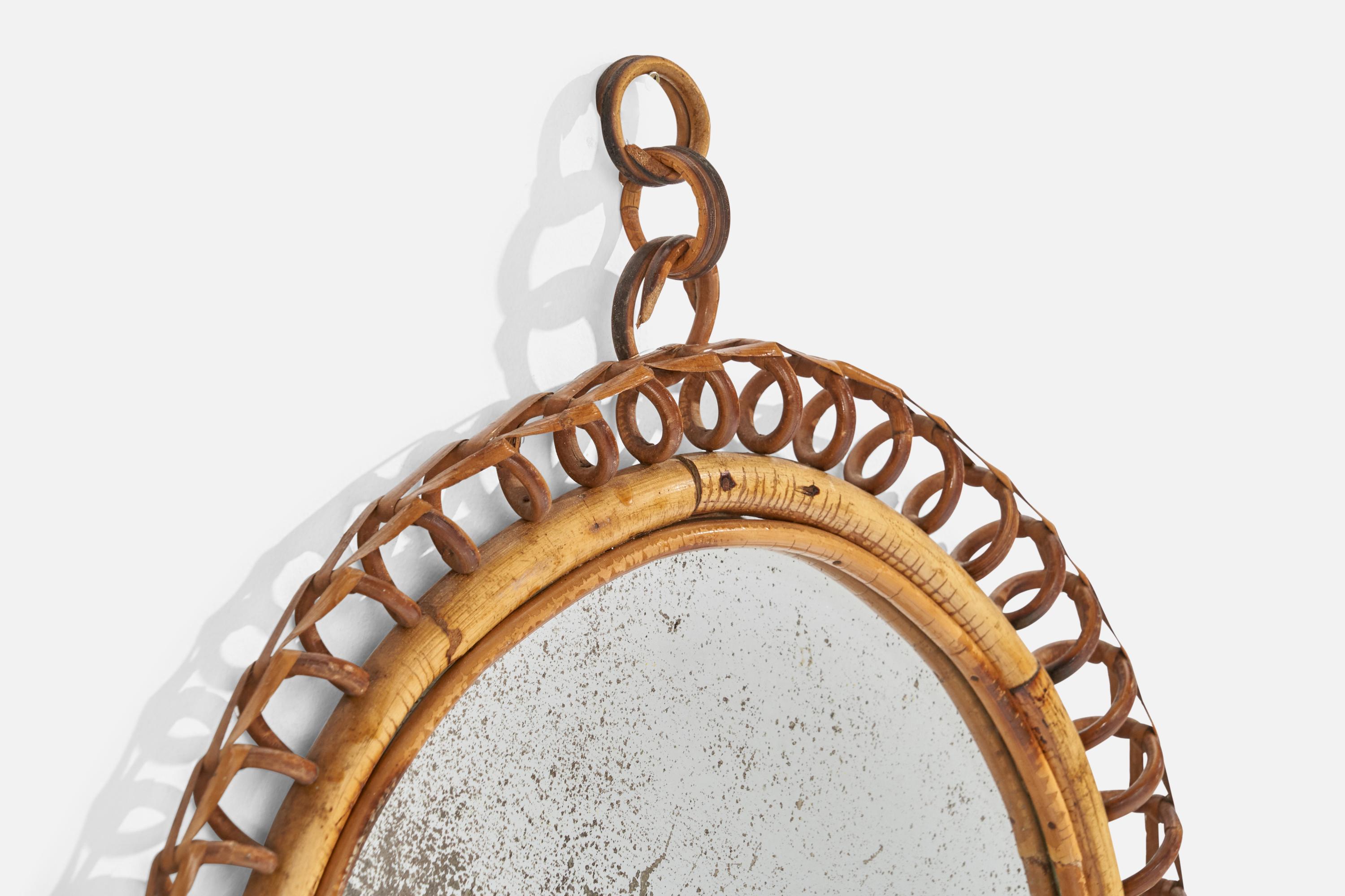 Italian Designer, Wall Mirror, Rattan Bamboo, Mirror Glass, Italy, 1950s In Fair Condition For Sale In High Point, NC