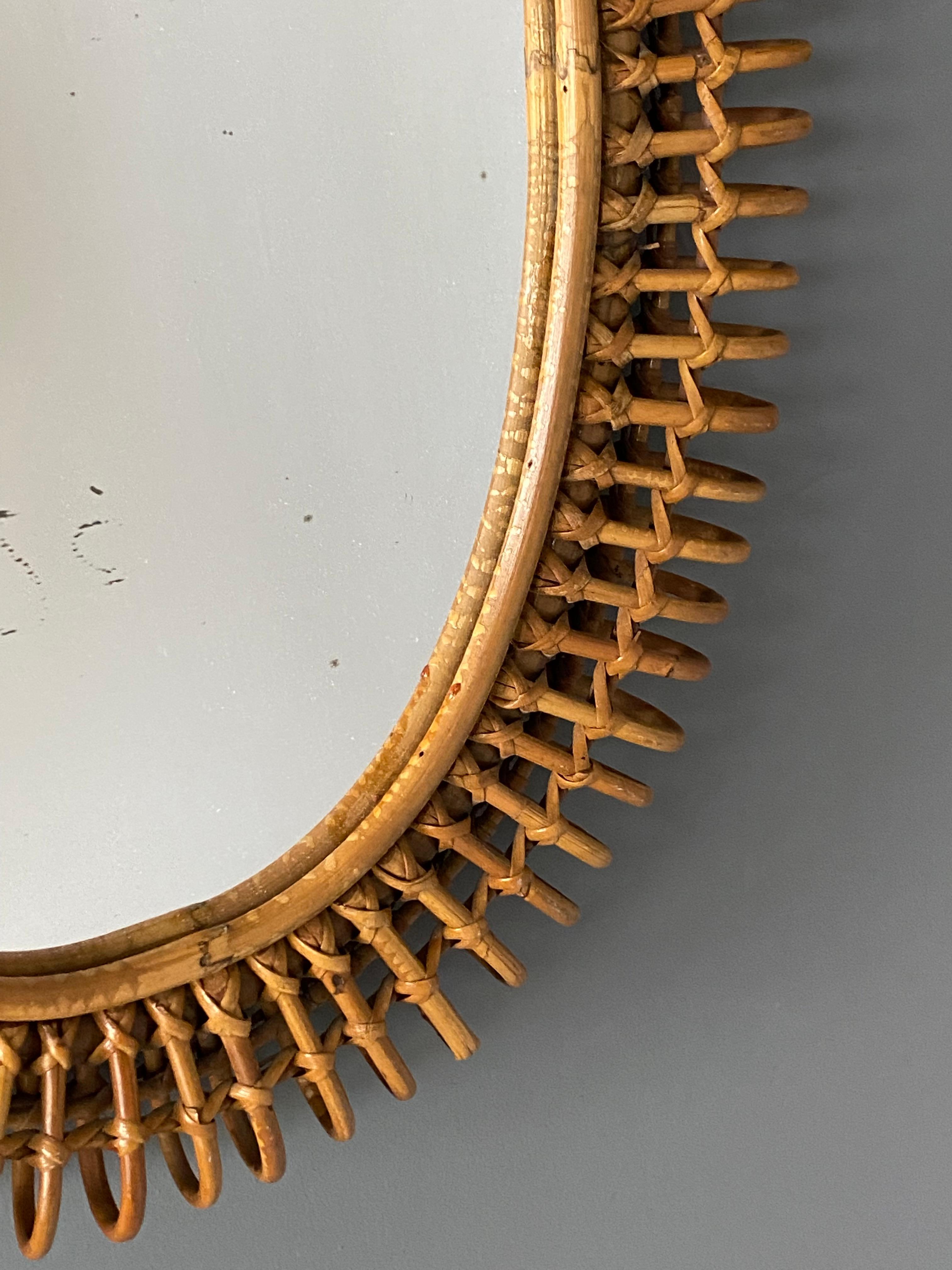 Mid-20th Century Italian Designer, Wall Mirror, Rattan, Bamboo, Mirror Glass, Italy, 1950s